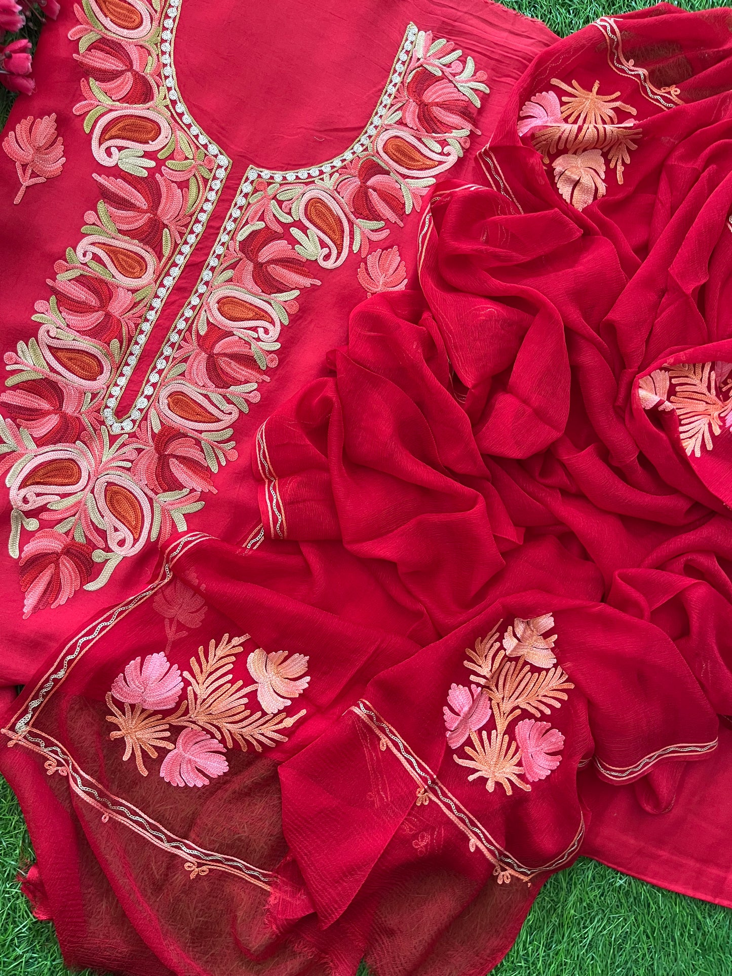 Red Opada Silk Aari Embroidered Suit material