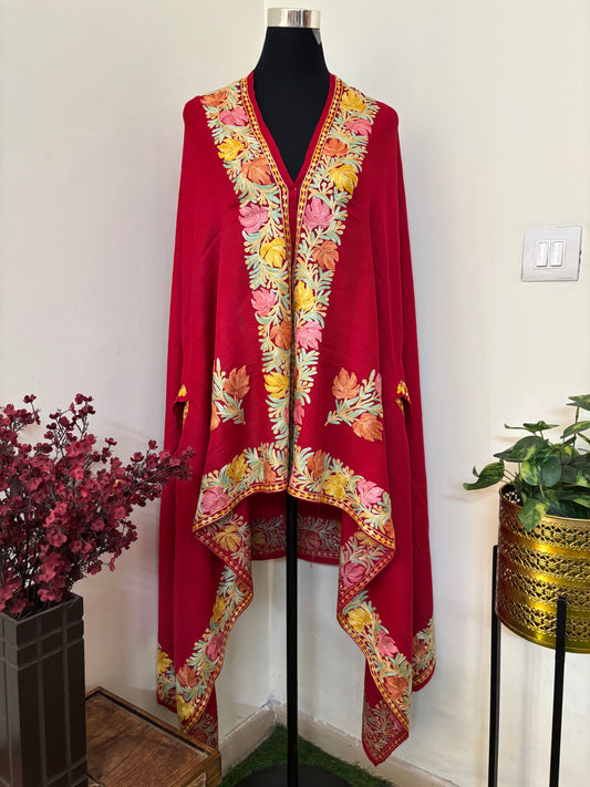 Red Aari Embroidered Pure Wool Cape