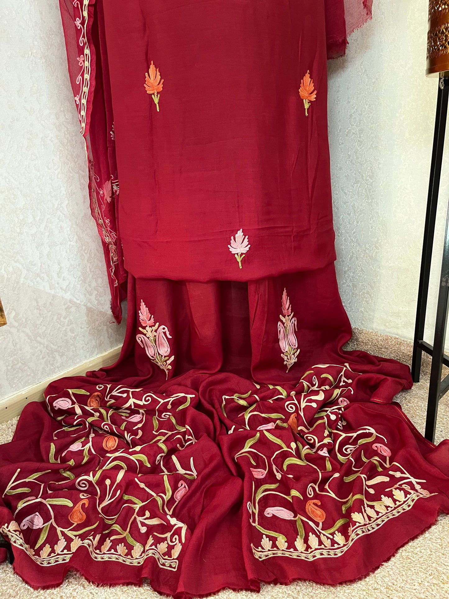 Maroon Muslin Cotton Jaal Sleeves Kashmiri 3pc Suit