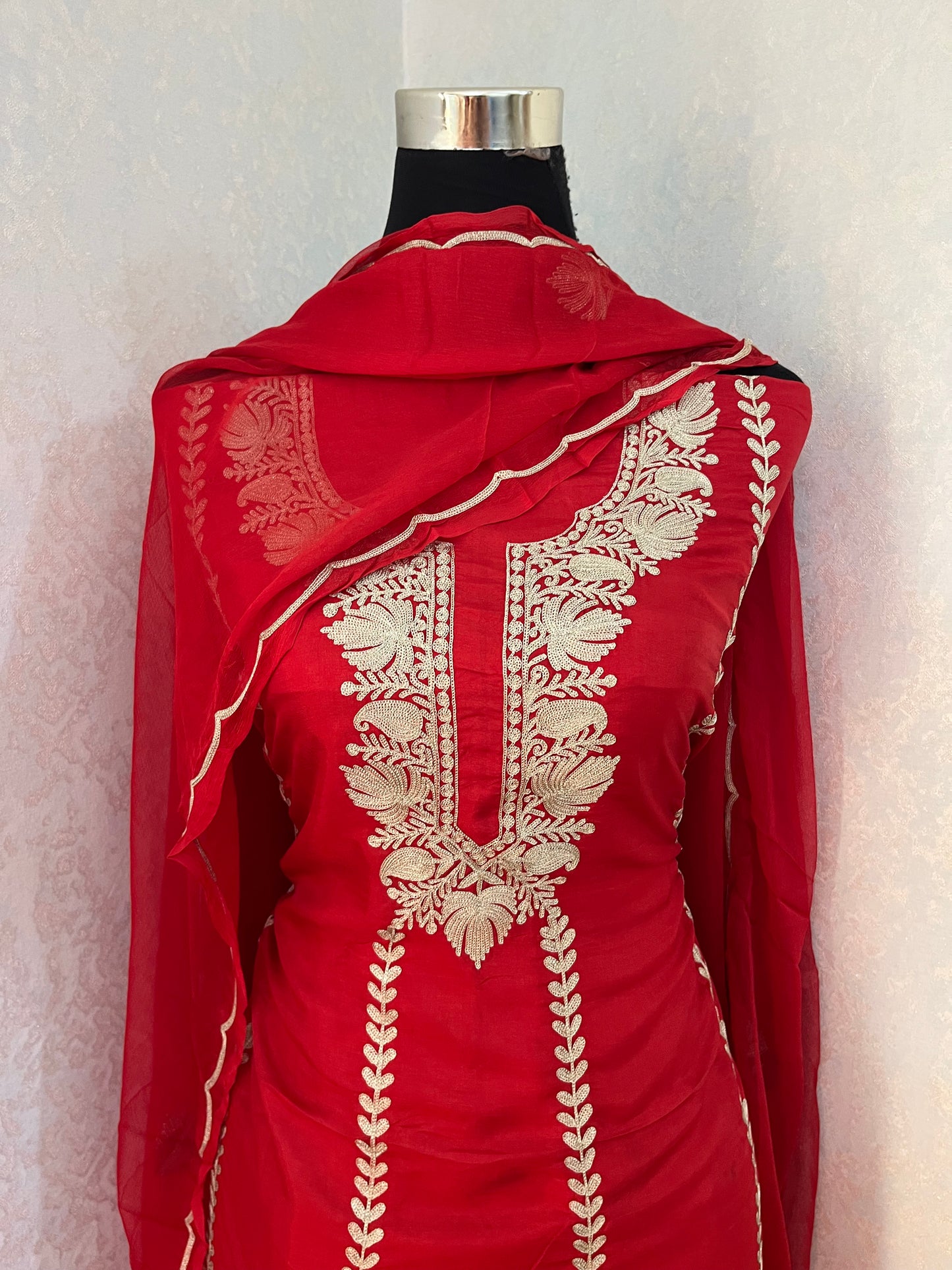 Red Sanam’ Silk Tilla Kashmiri Suit