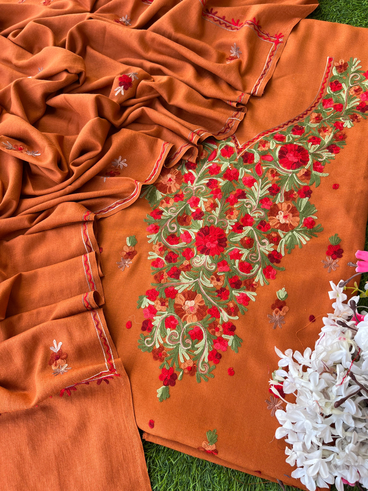 Orange Woollen Aari Embroidered 3pc suit
