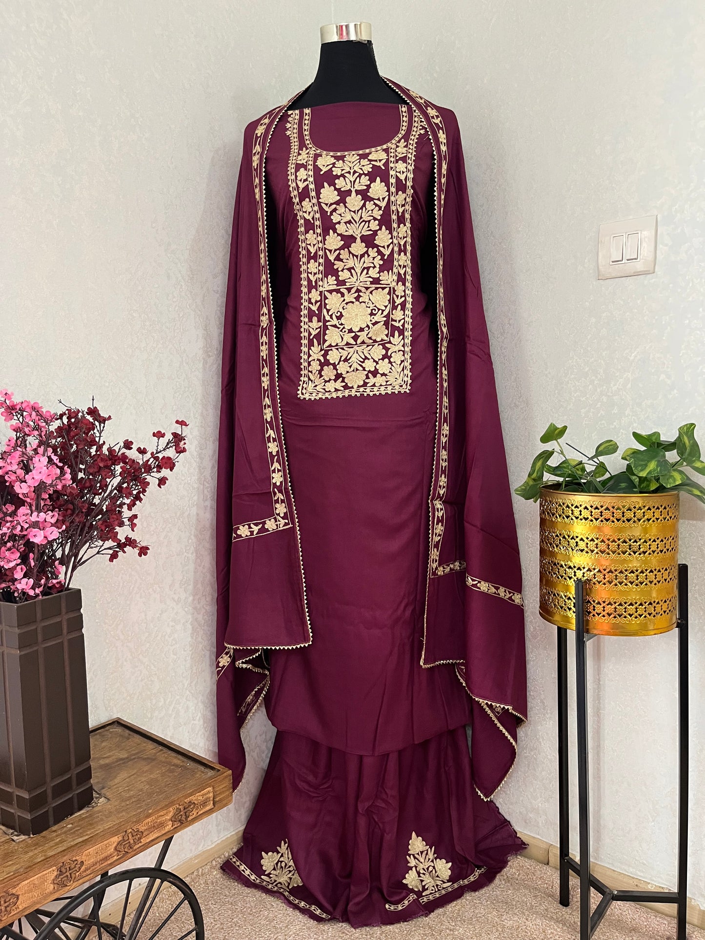 Wine Silk Pashmina Kashmiri Suit