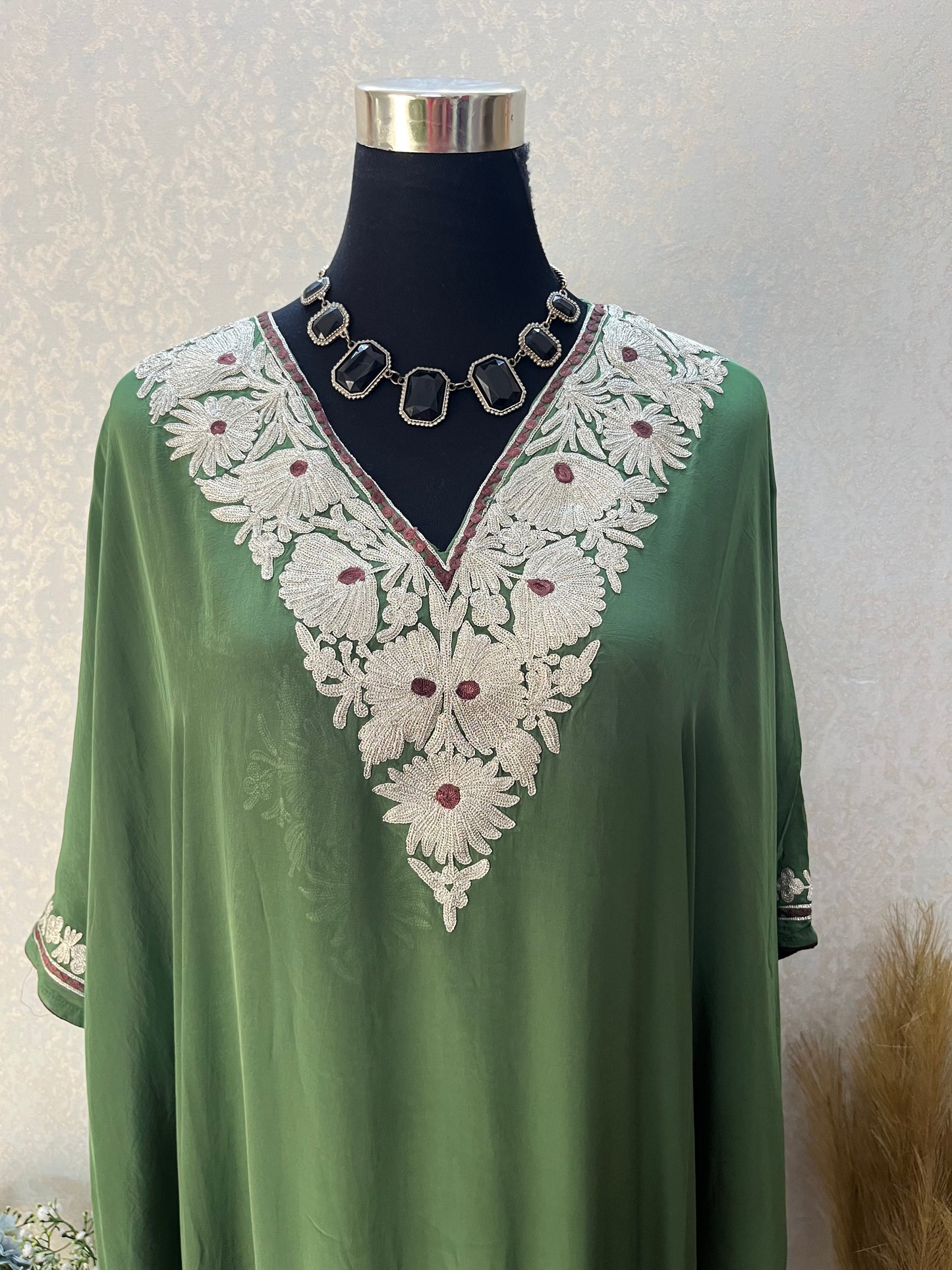 Green Crape Kashmiri Kaftan Set