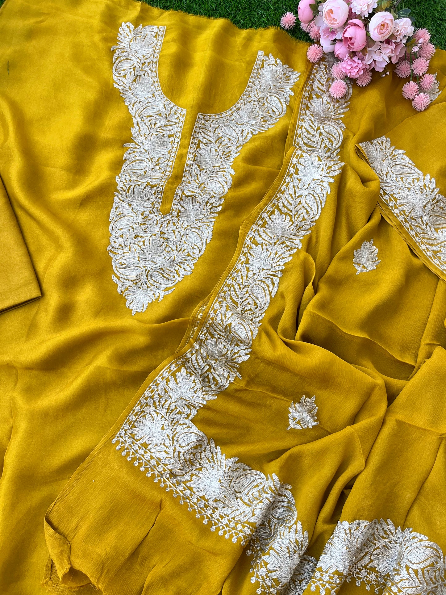 ‘Kalaa’ Mustard Opada Silk Tilla Embroidered Suit material (On Order )