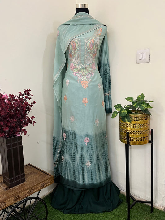 Jade Green Mul Cotton Shibori Work Kashmiri 3pc Suit