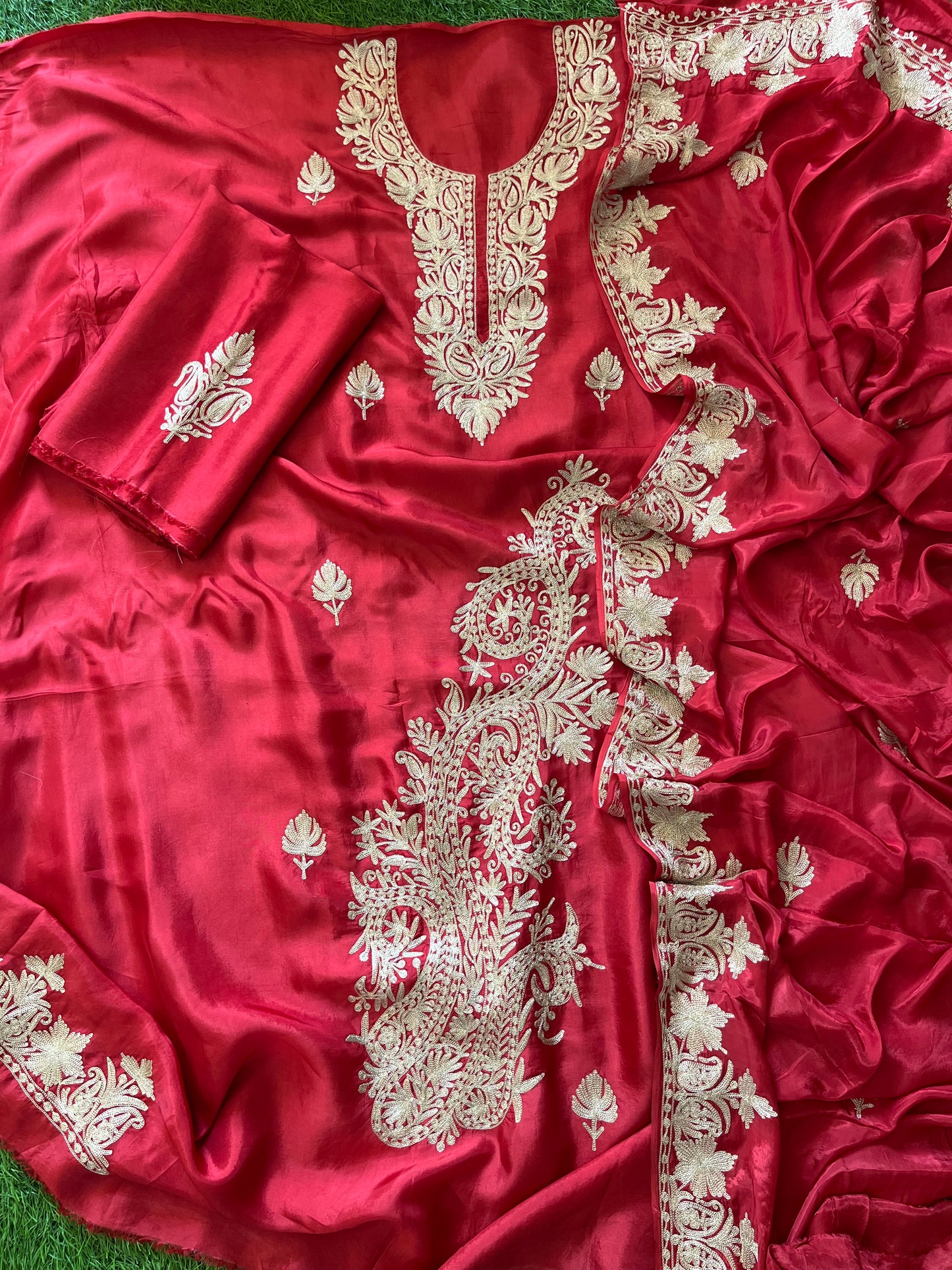 Red Silk Tilla Embroidered Suit material