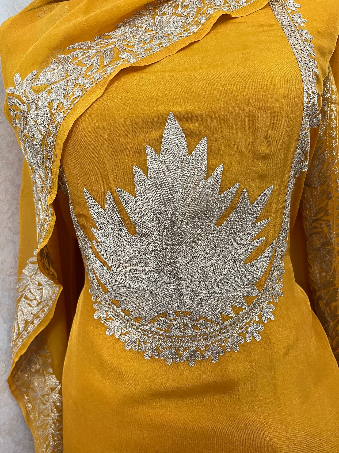 Golden Yellow Sanam’ Tilla Kashmiri Silk Suit