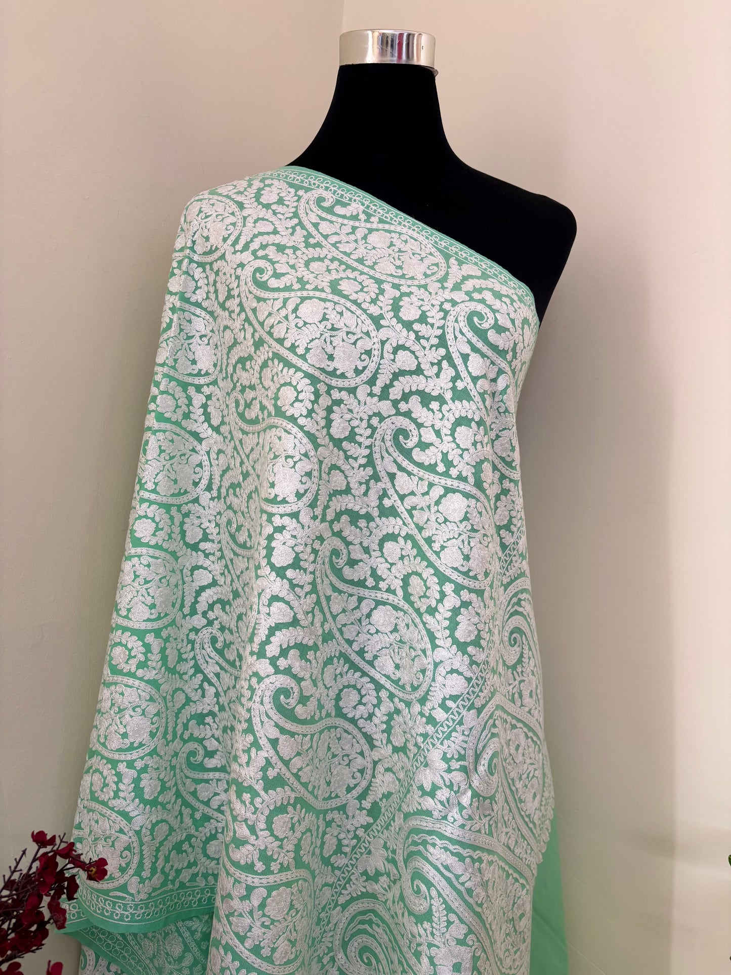 Tea Green Kashmiri Stole ( Semi Pashmina )