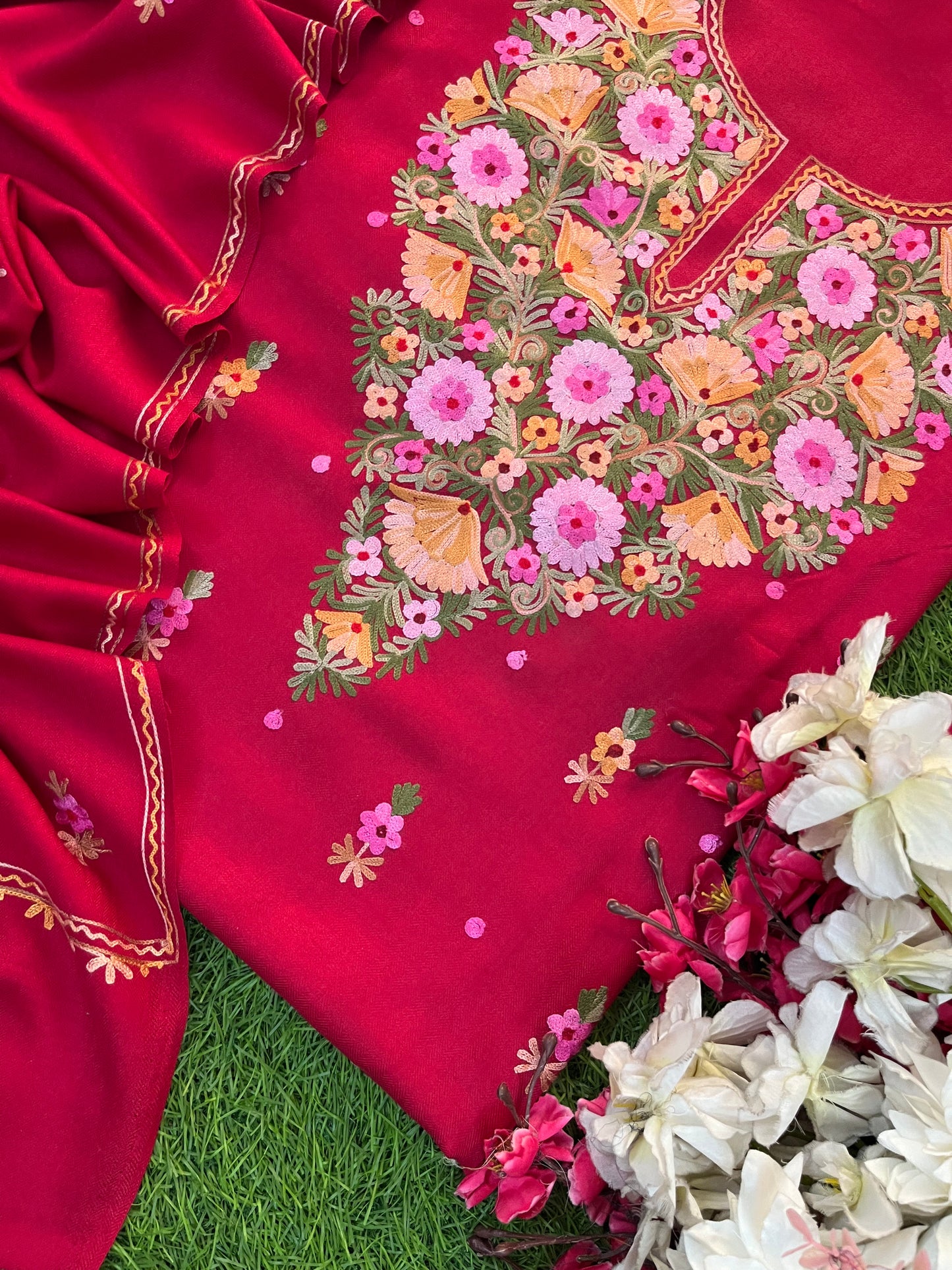 Red Woollen Aari Embroidered 3pc suit