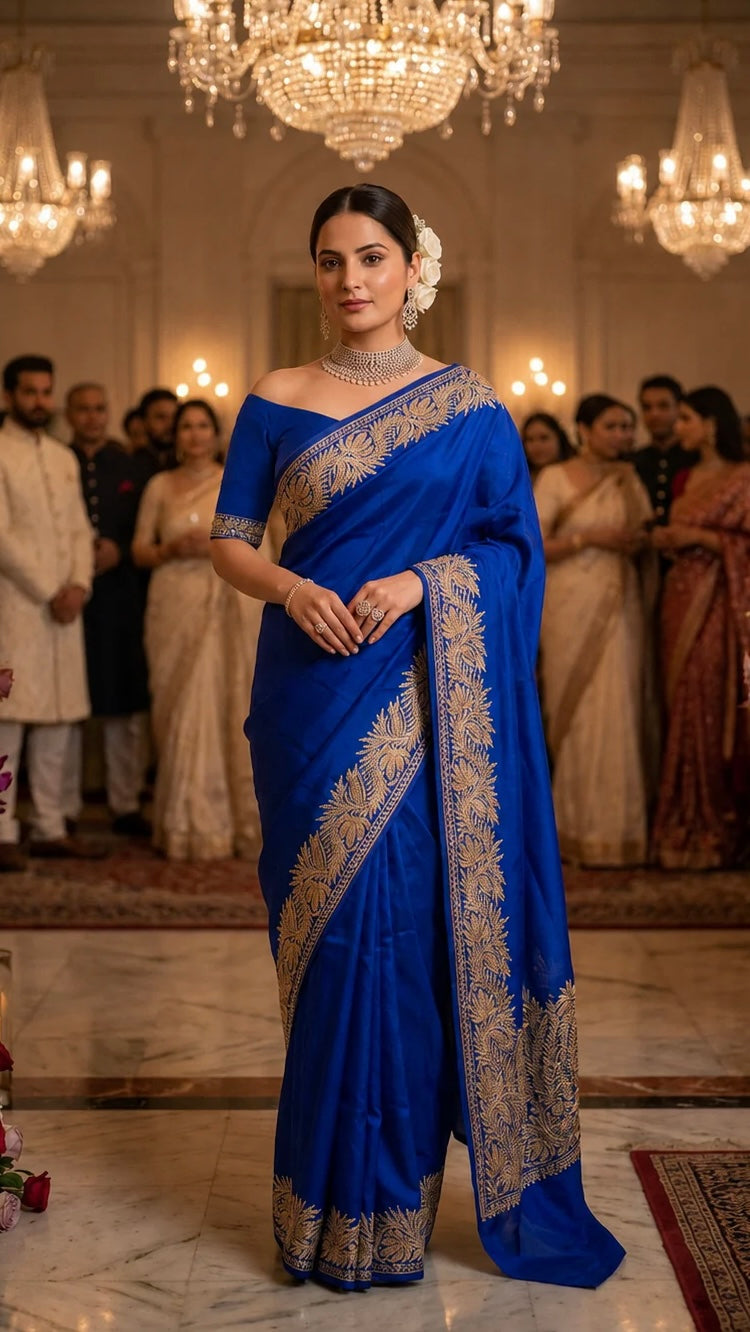Royal Blue Pure Vetson Crape Kashmiri Saree