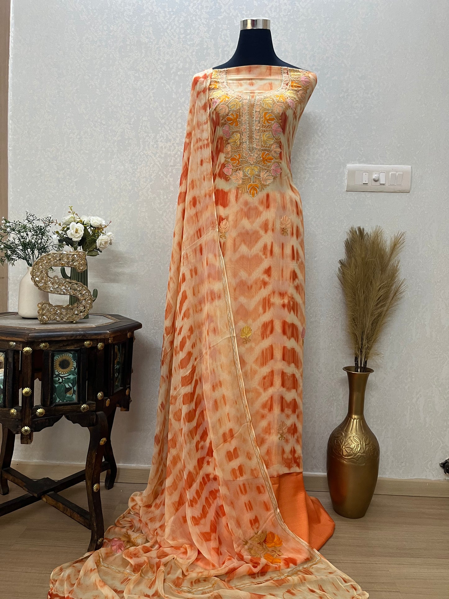 Orange Pure Georgette Kashmiri Suit