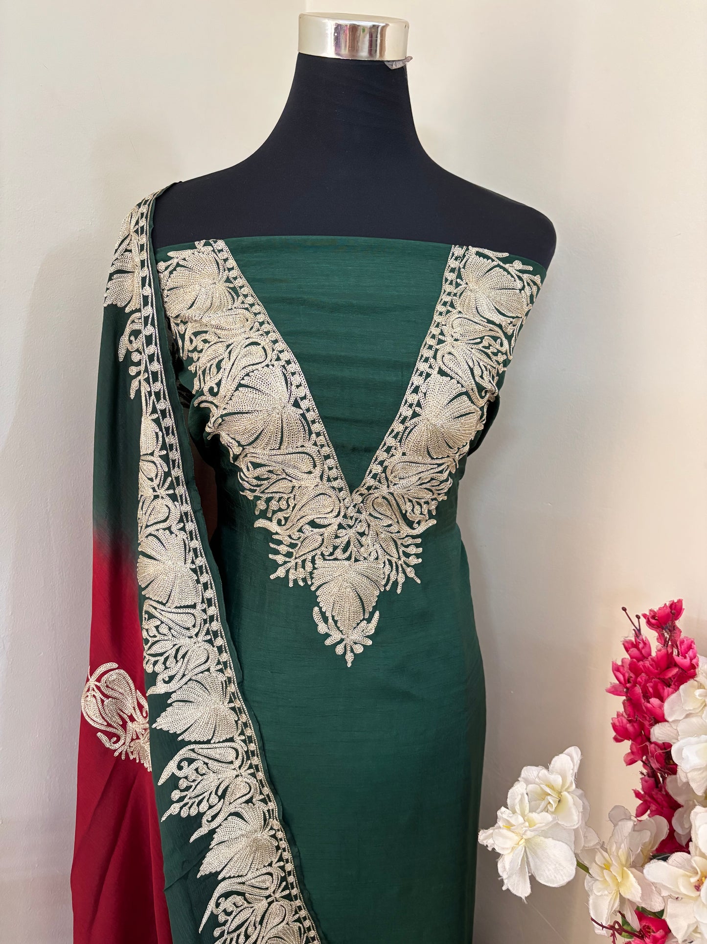 Sanam Bottle Green Silk Kashmiri Suit