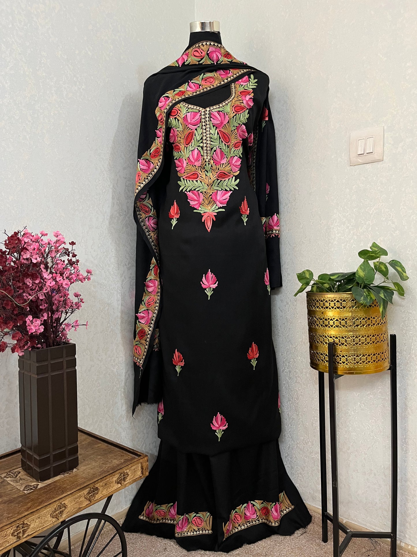 Black Pure Wool Aari Embroidered 3pc Suit Stole