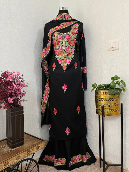 Black Pure Wool Aari Embroidered 3pc Suit Stole
