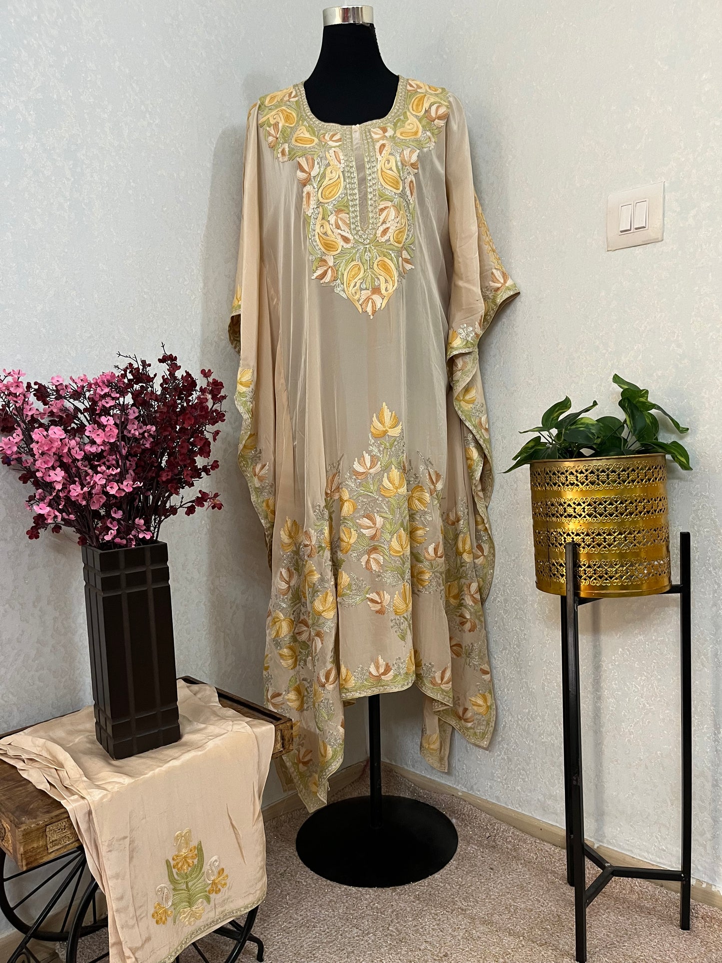Beige Pure Crape Kashmiri Kaftan