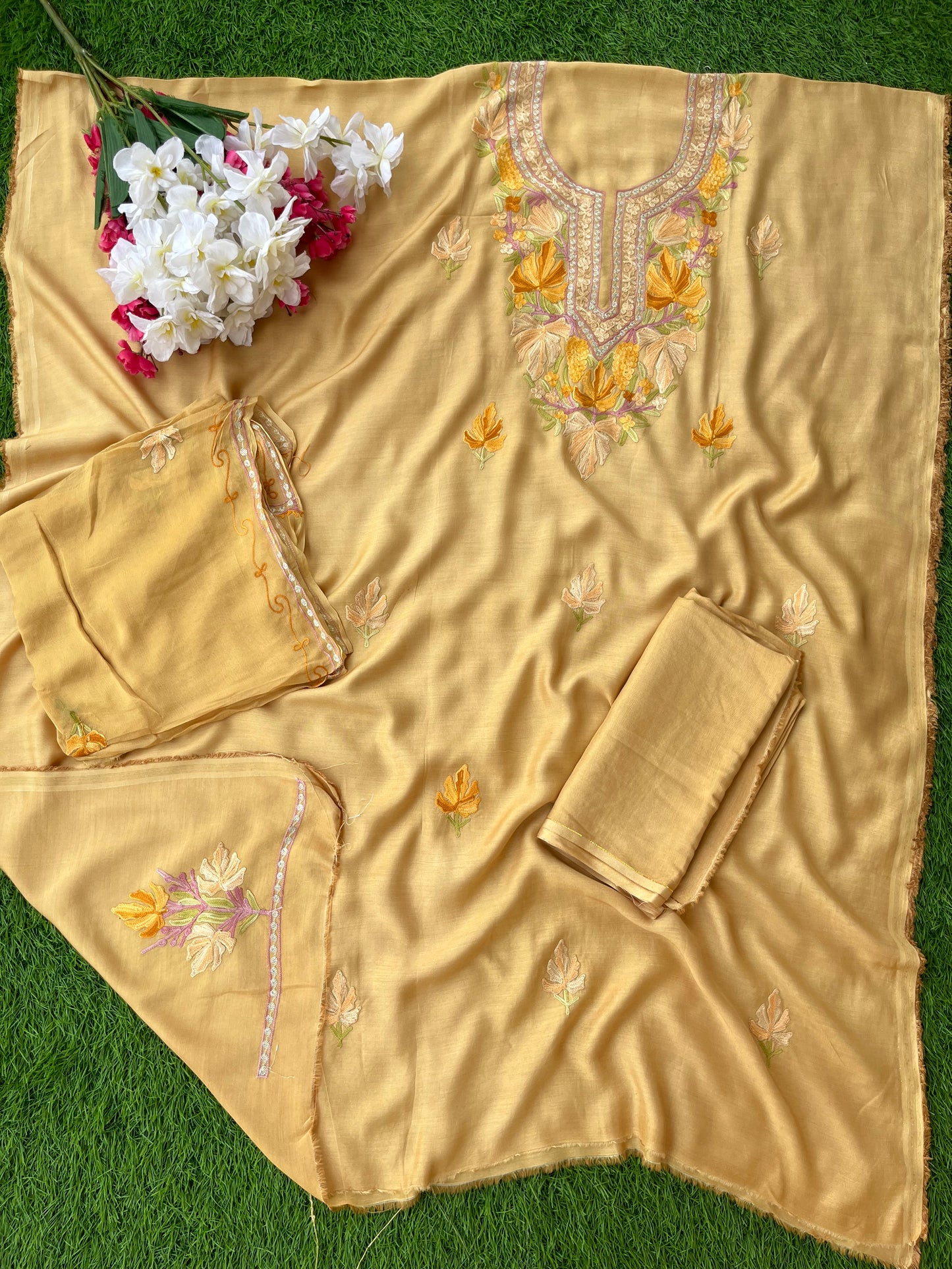 Camel Beige Muslin Cotton Aari Embroidered 3pc set