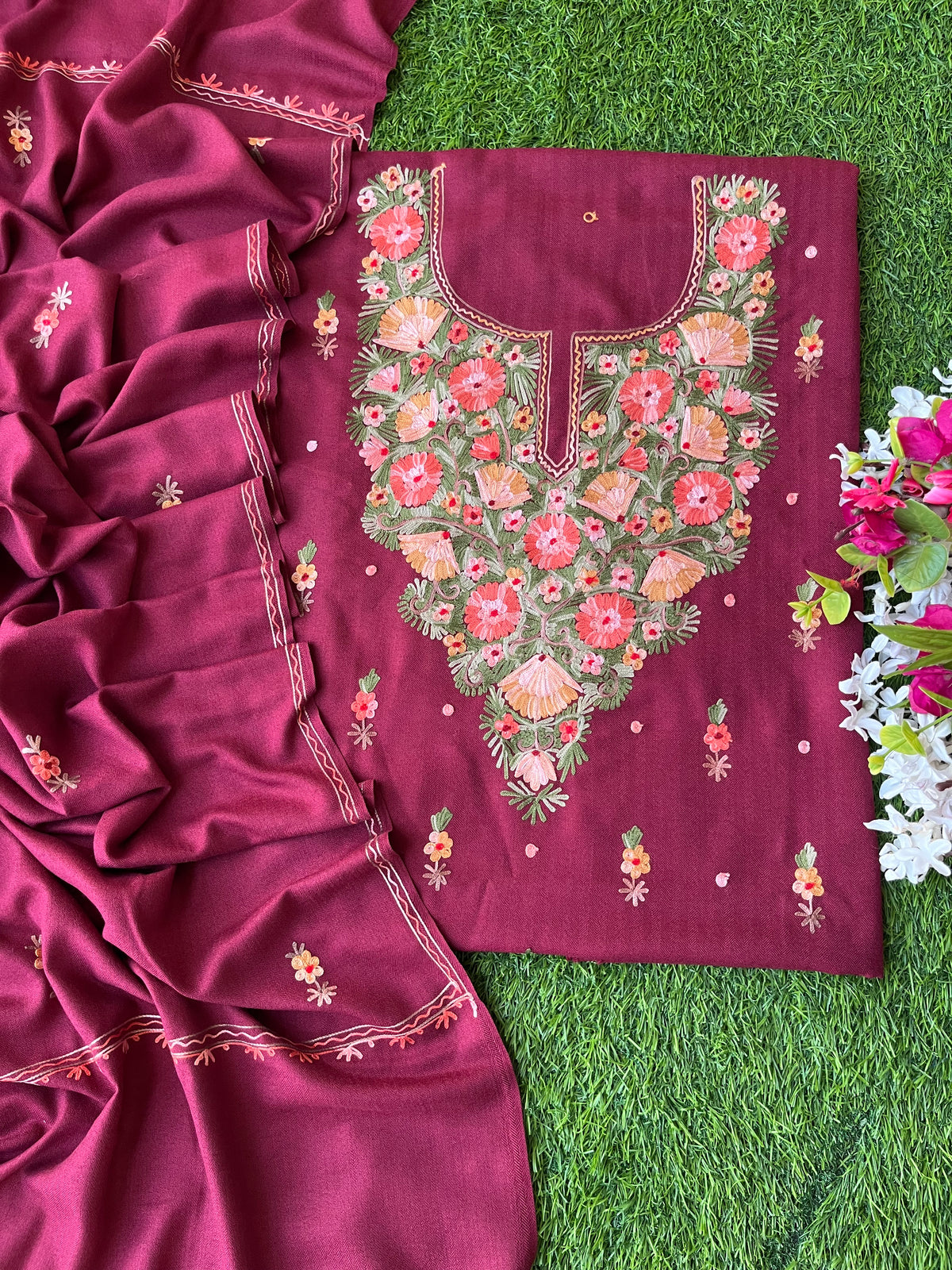 Wine Woollen Aari Embroidered 3pc suit