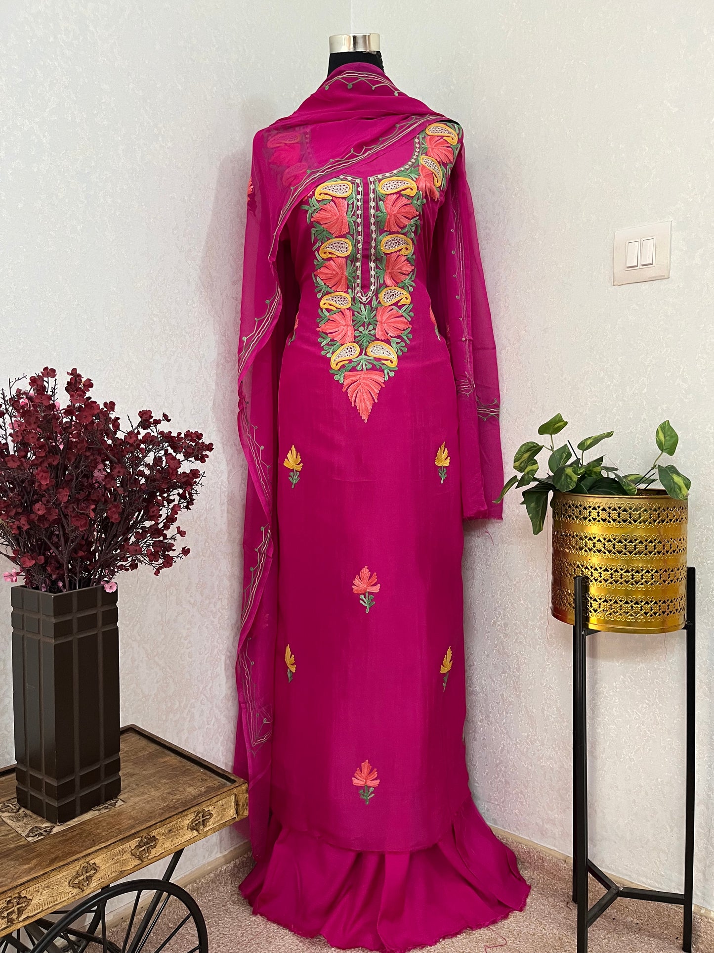 Hot Pink Opada Silk Kashmiri Suits