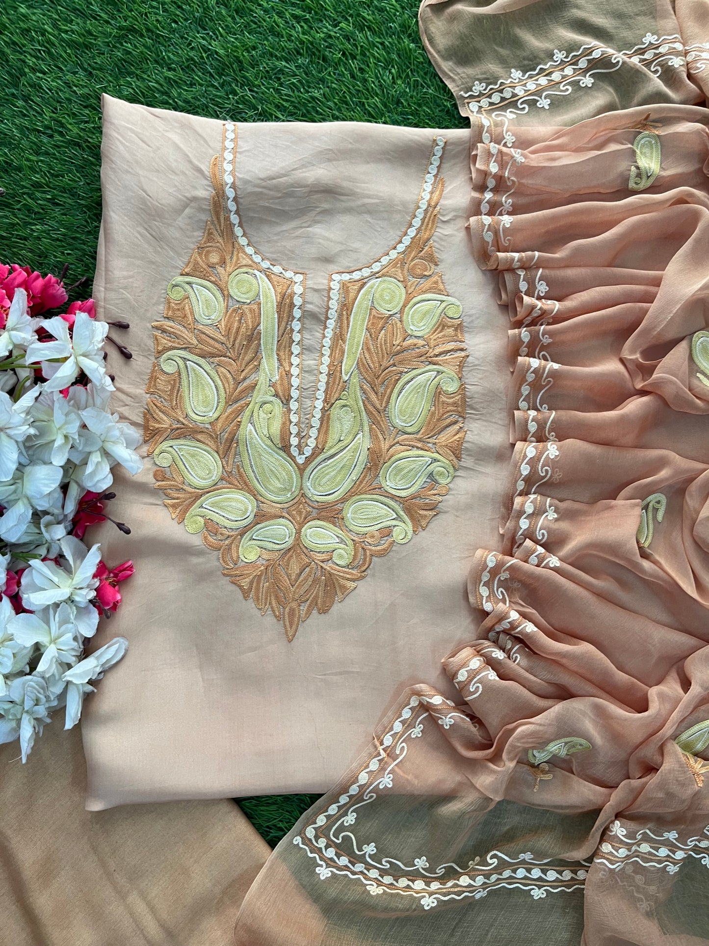 Beige Opada Silk Kashmiri Suit