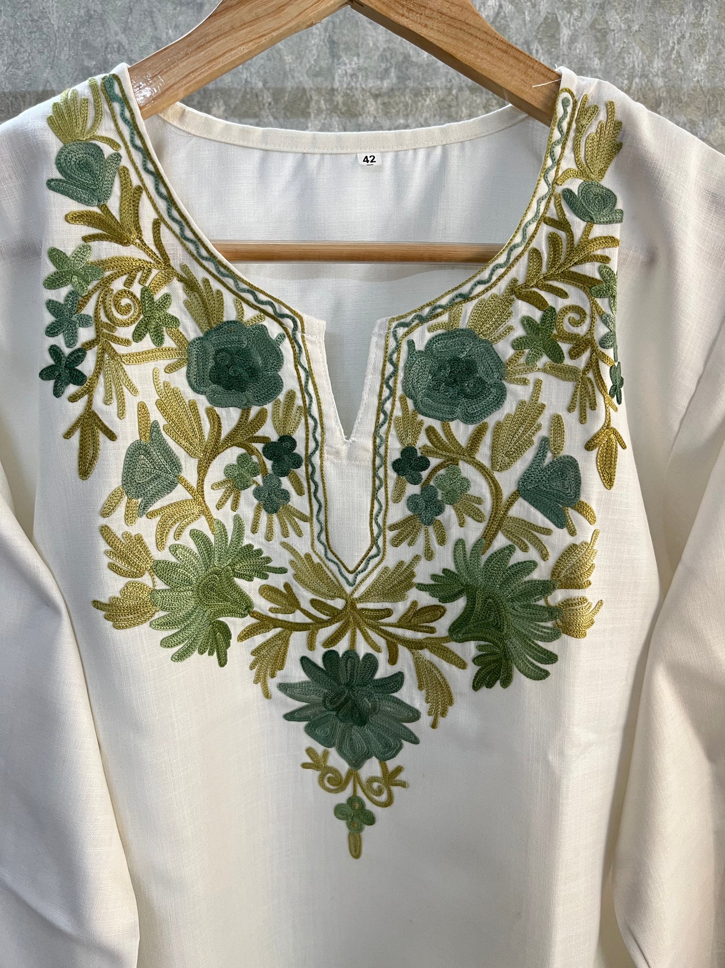 Off White Cotton Aari Work Kurti