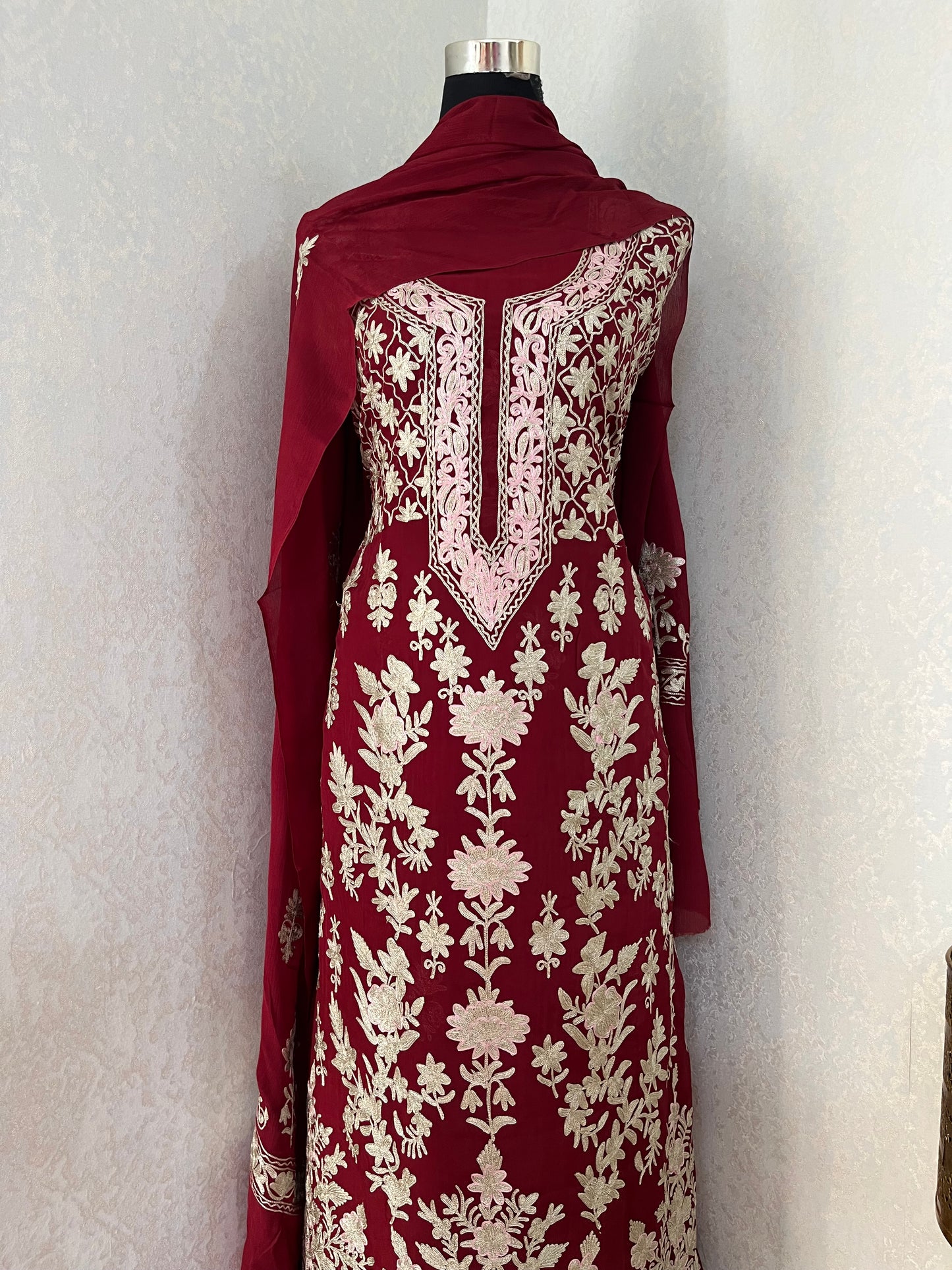 Maroon Pure Soft Organza 3 Pc Heavy Kashmiri Suit