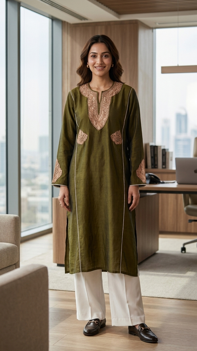 Henna Green Silk Tilla Embroidered Phiran