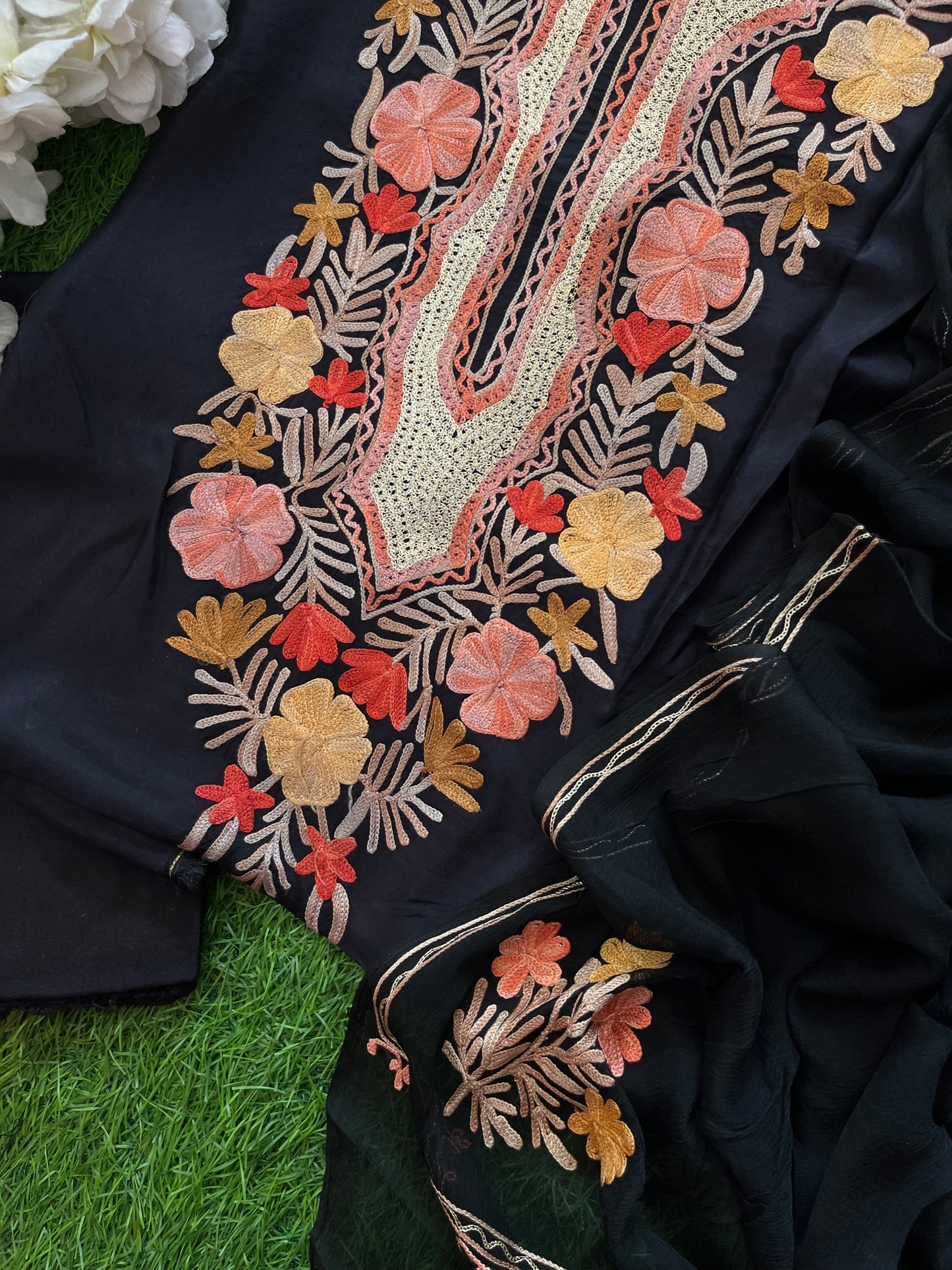 Black Opada Silk Aari Embroidered Suit material