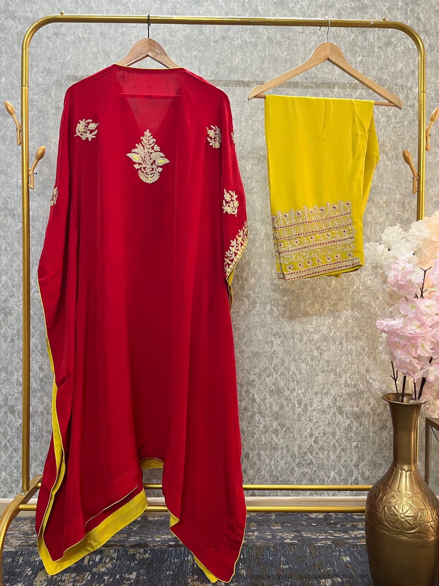 Red Crape Kashmiri Kaftan Set size (44)
