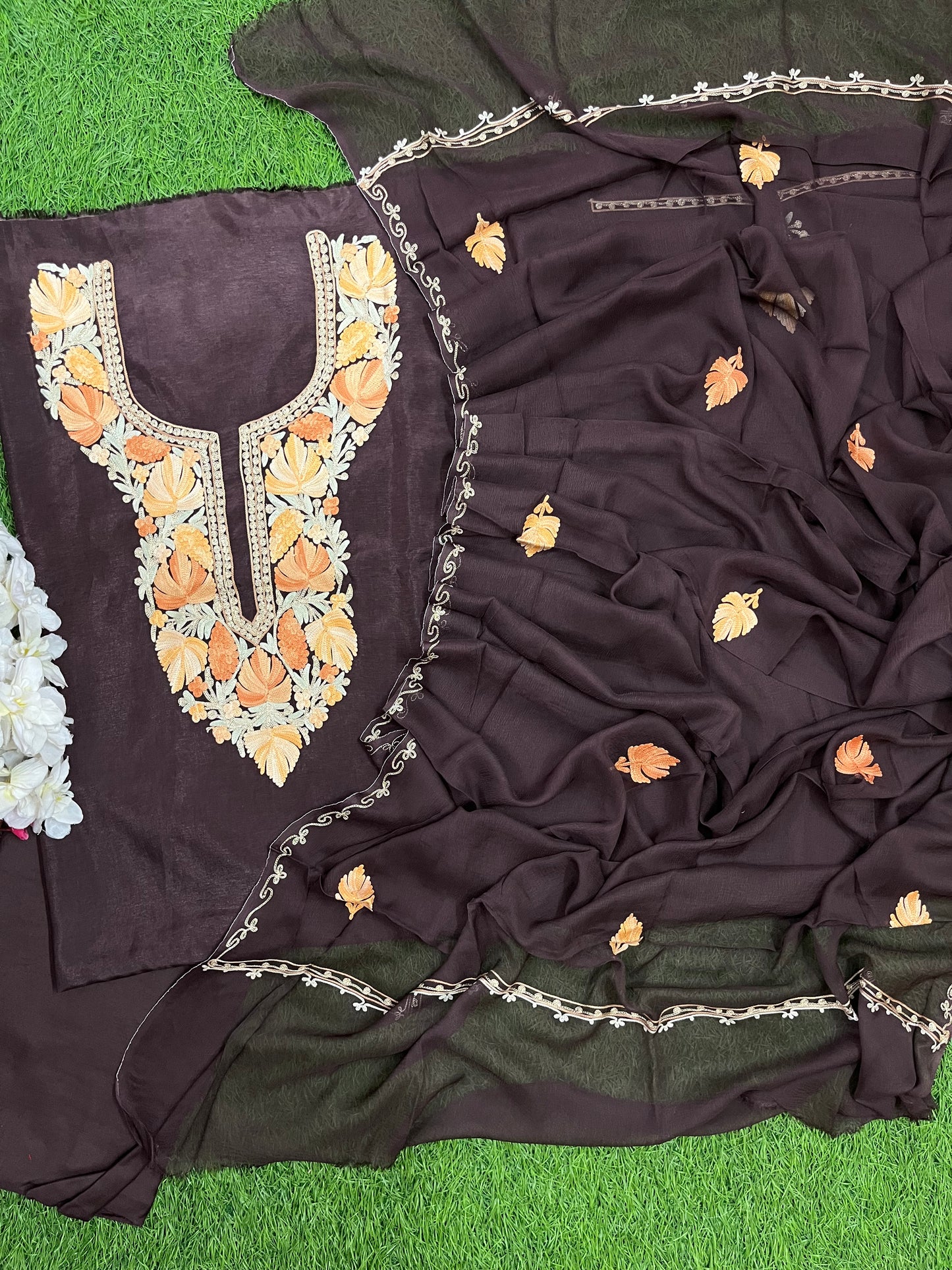 Coffee Brown Opada Silk Kashmiri Suit