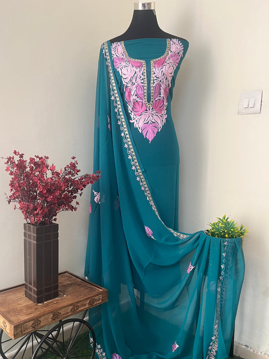 Sky Green Georgette Shirt and Dupatta Aari Embroidered Suit