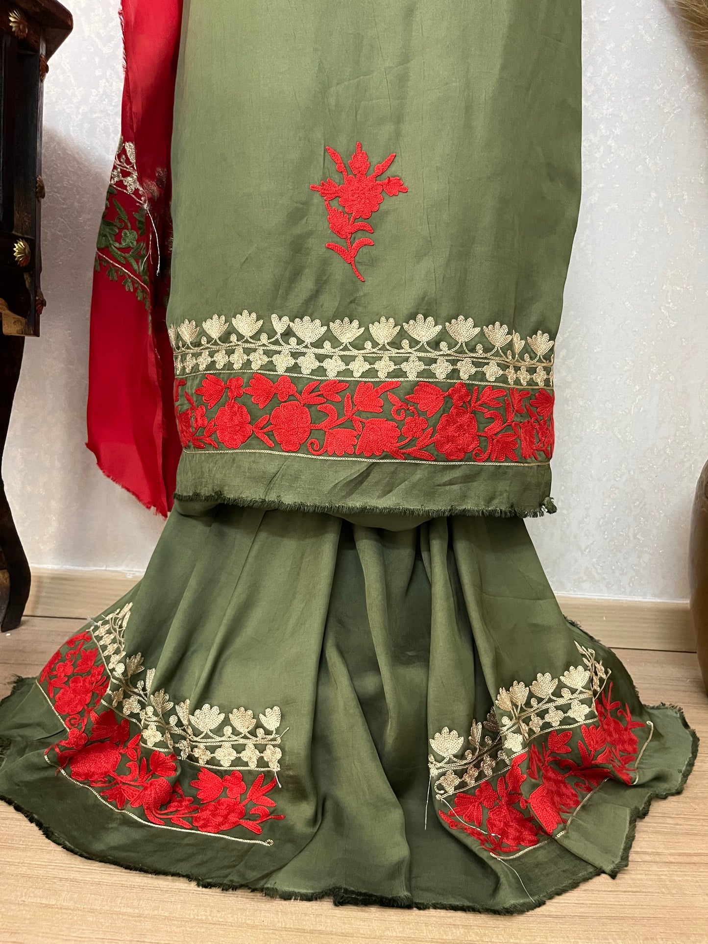 Heena green Satin Cotton Kashmiri Suit