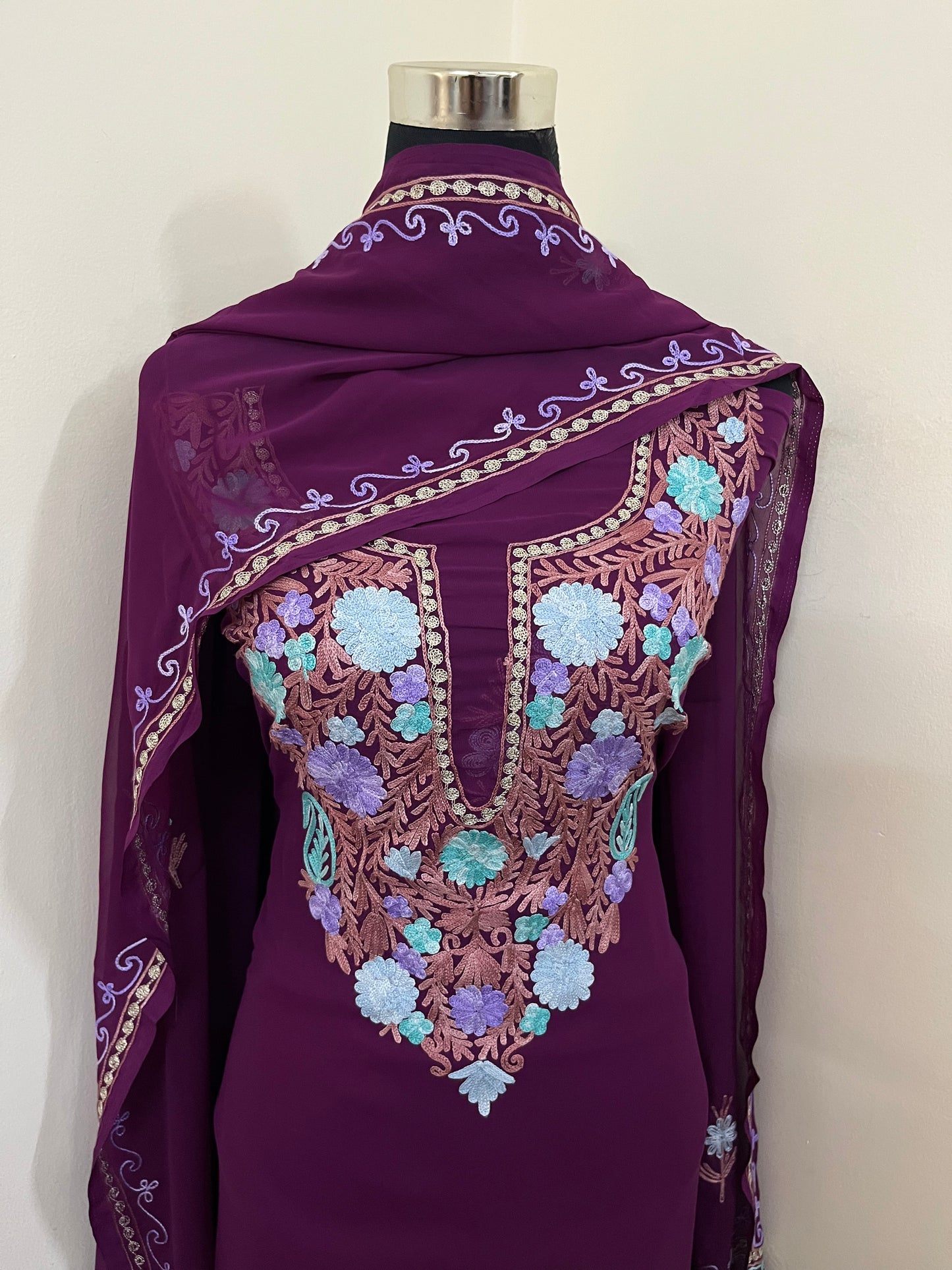Wine Georgette 3 Pc Aari Embroidered Suit Set