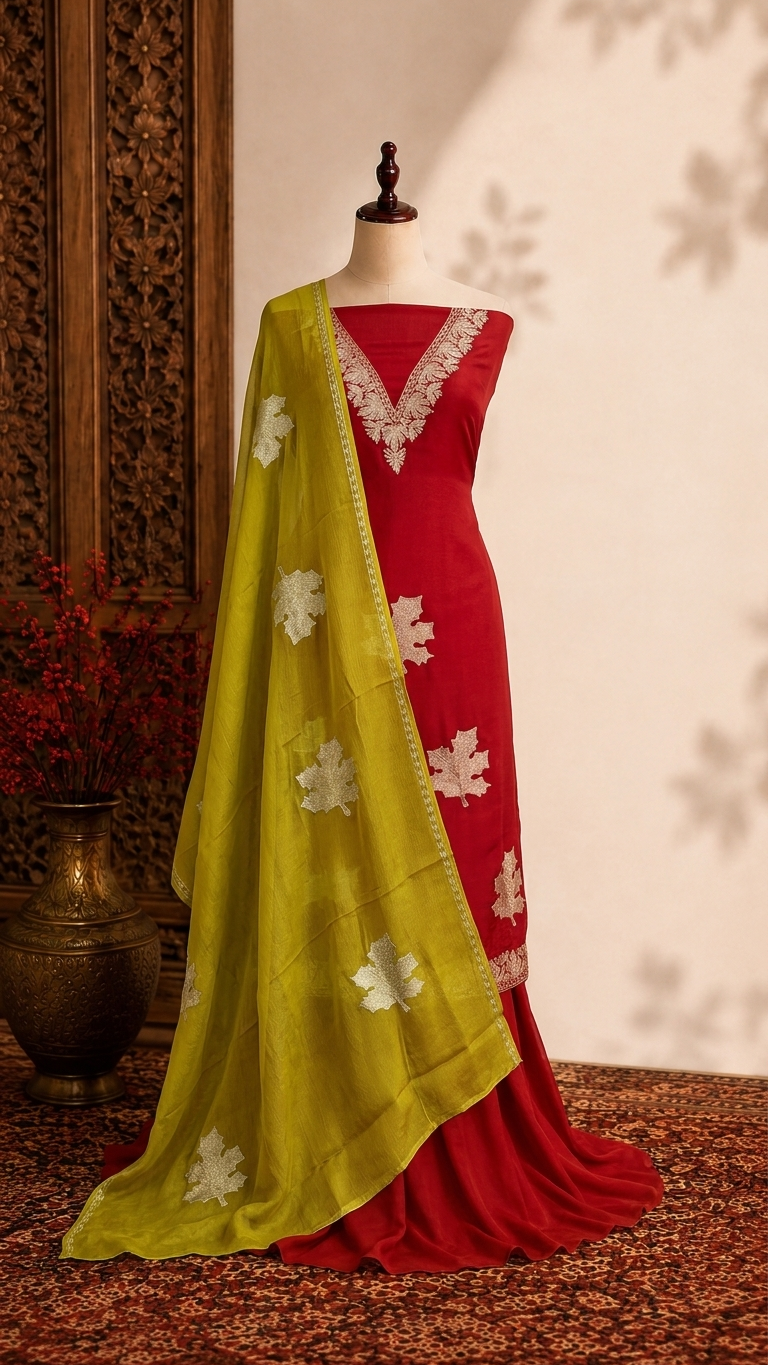 Red Sanam Silk Kashmiri Suit