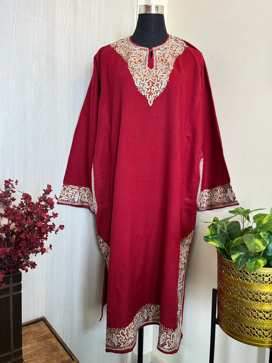 Maroon Aari and Sozni Hand Embroidered Pure Wool Pheran