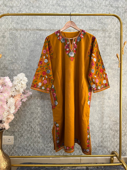 Mustard Aari Embroidered Wool Pheran
