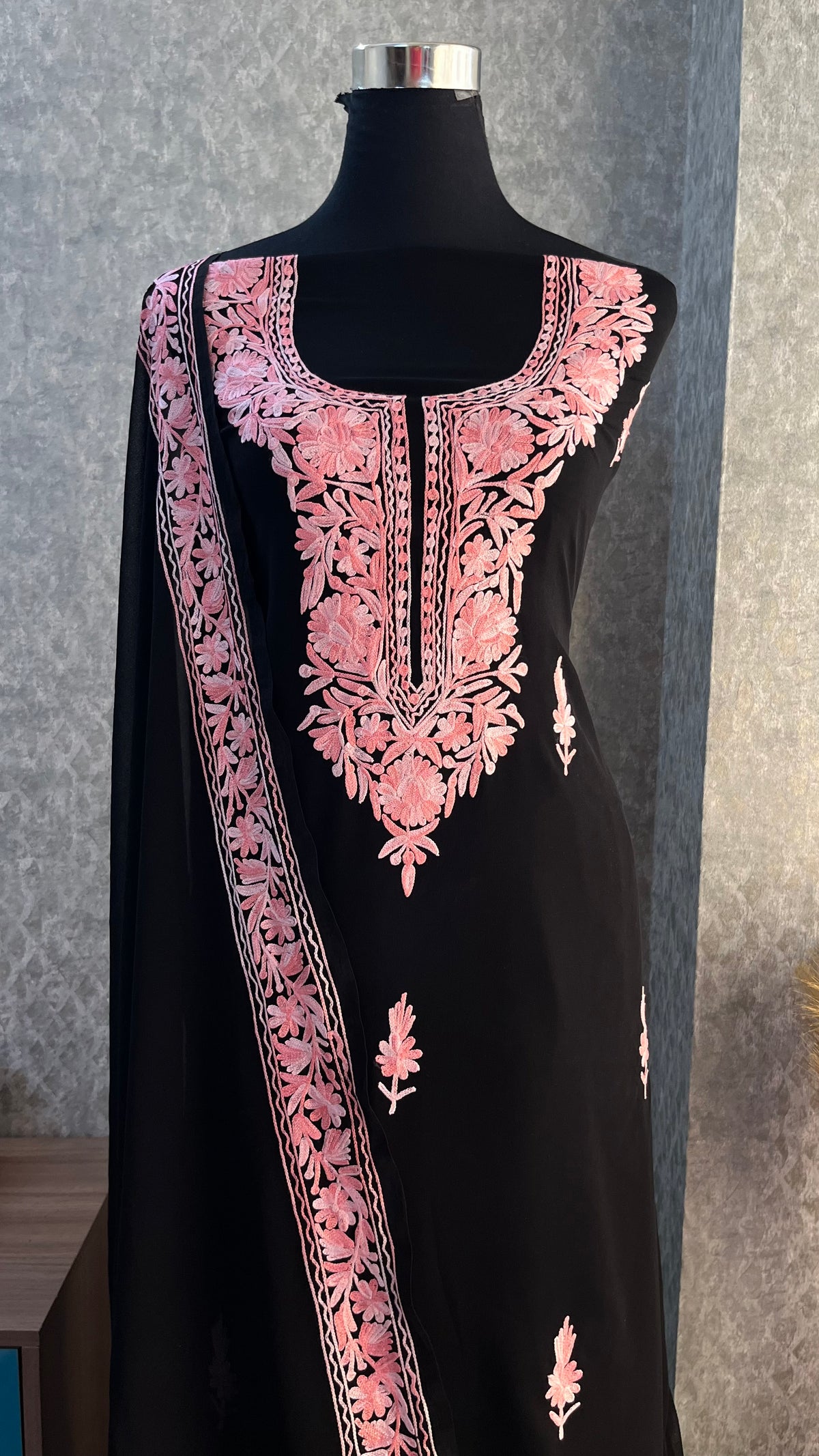 Georgette Black 3 Pc Kashmiri Suit