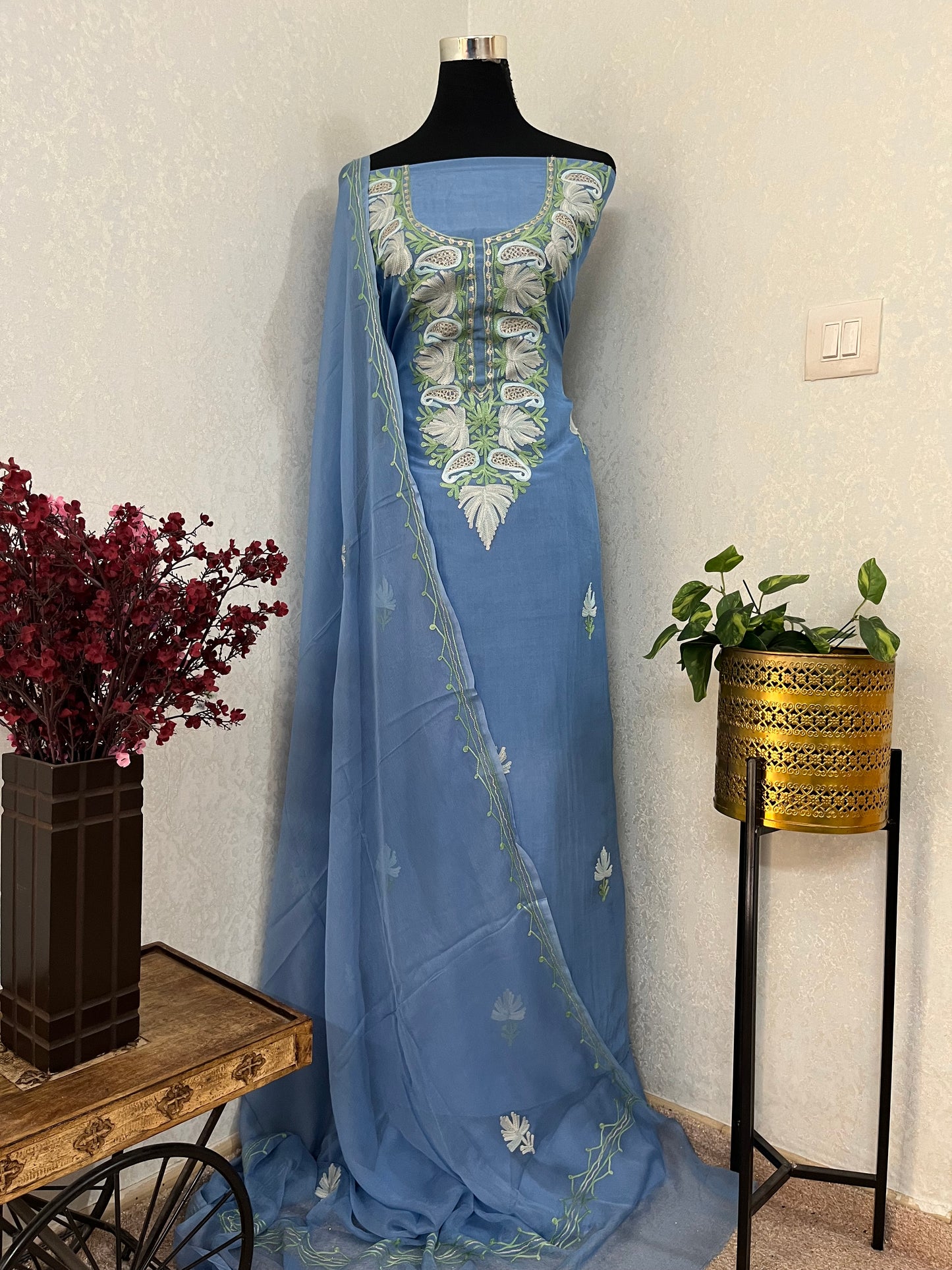 Soft Blue Opada Silk Kashmiri Suits