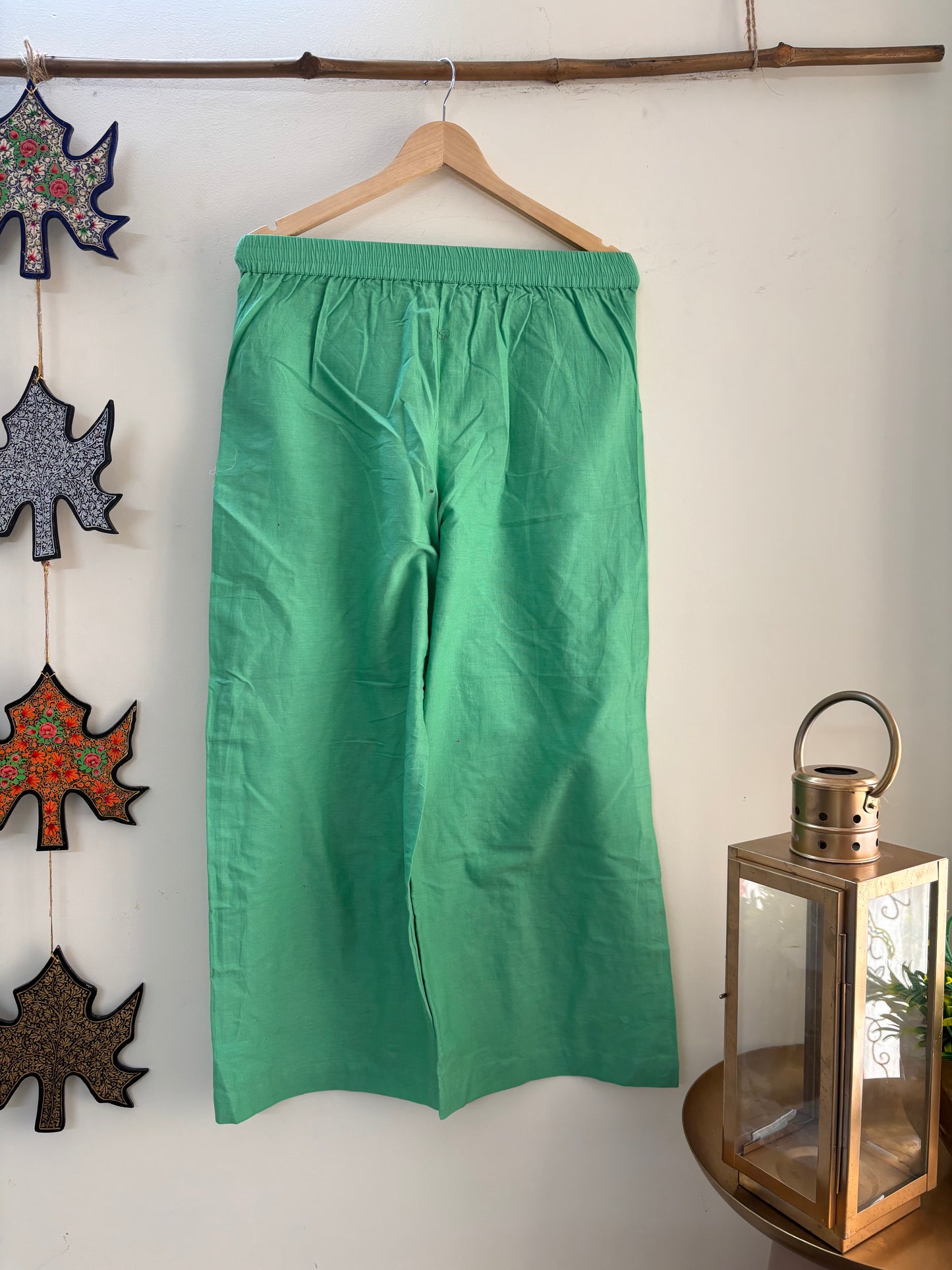 Women Green Solid Cropped Wide Leg Aari Embroidered Palazzos ‘M’