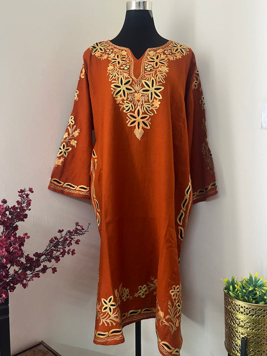 Rust Orange Aari Embroidered Wool Pheran