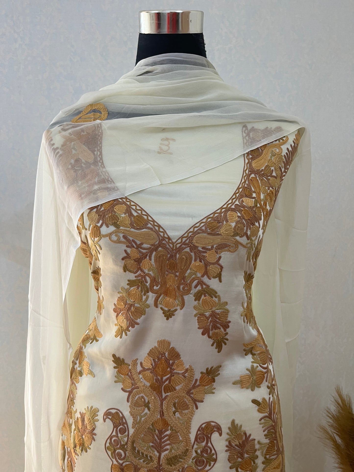 Ivory Satin Cotton Kashmiri Suit