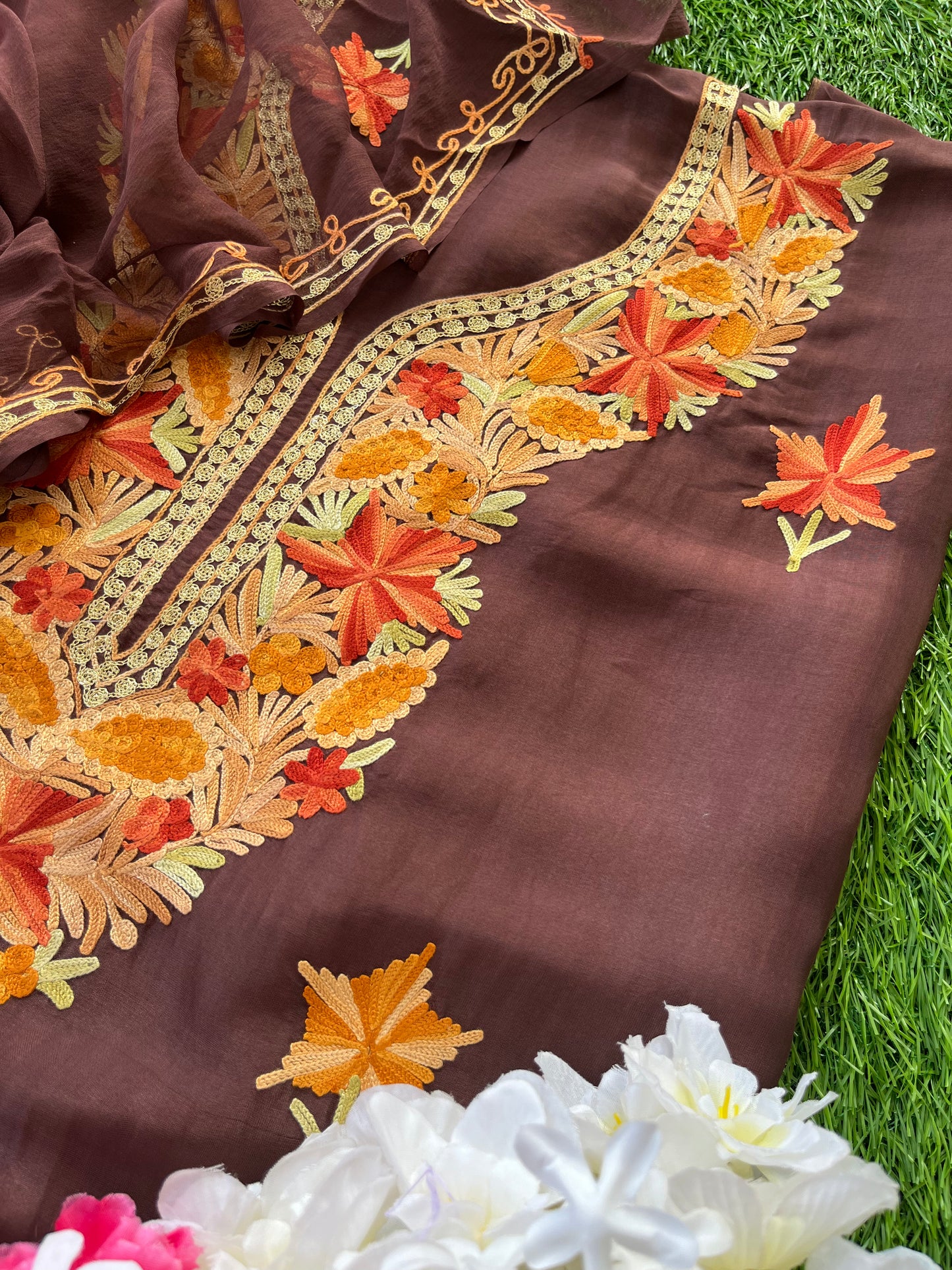 Chocolate Brown Opada Silk Aari Embroidered Suit material