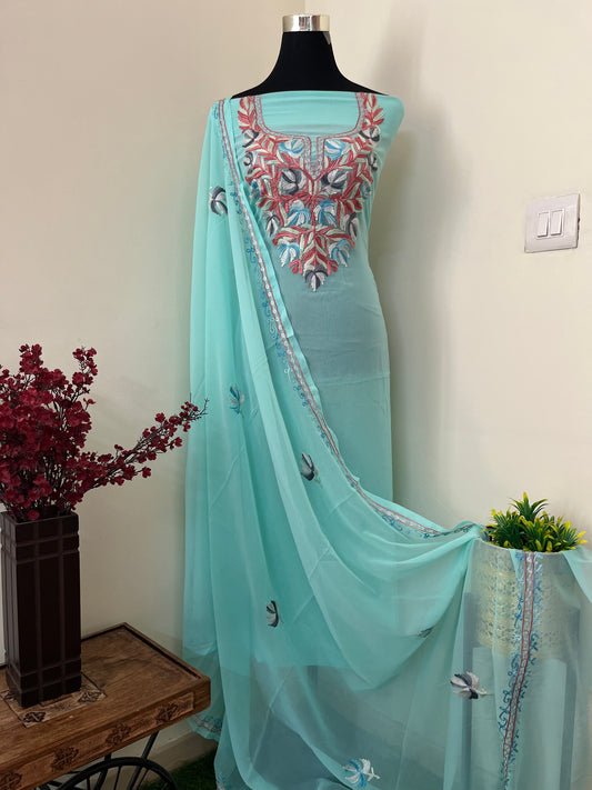 Green Georgette Shirt and Dupatta Aari Embroidered Suit