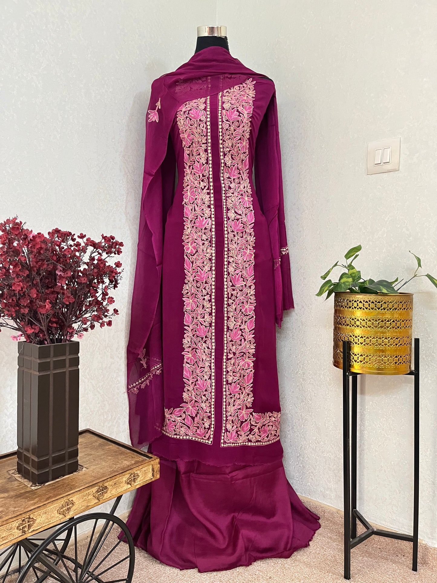 Wine Pure Georgette Achkan Kashmiri Suit