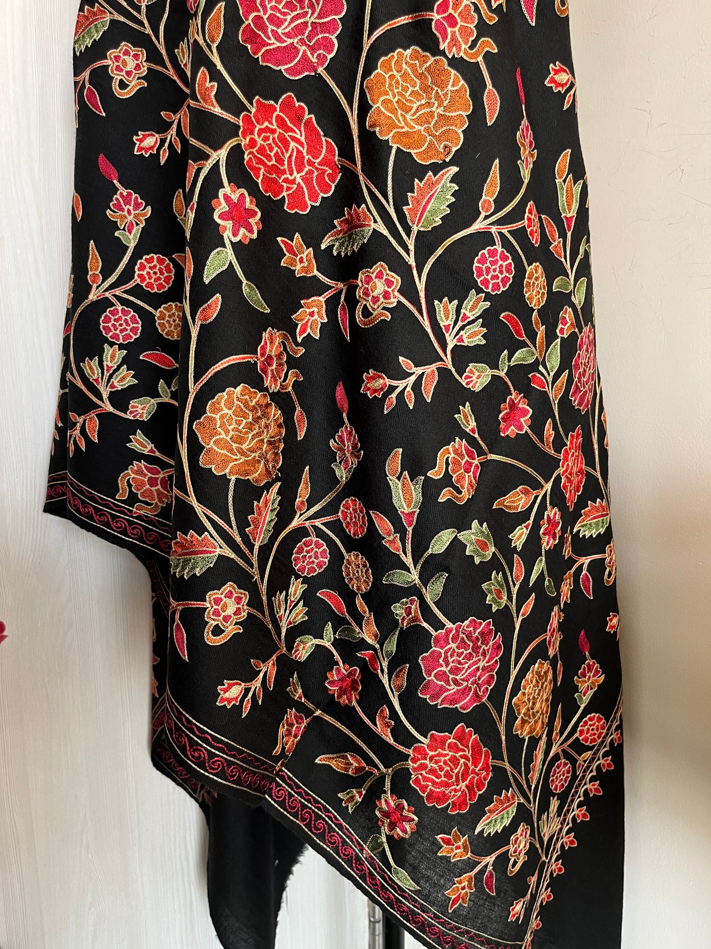 Black Pure Wool Silk Thread Embroidered stole