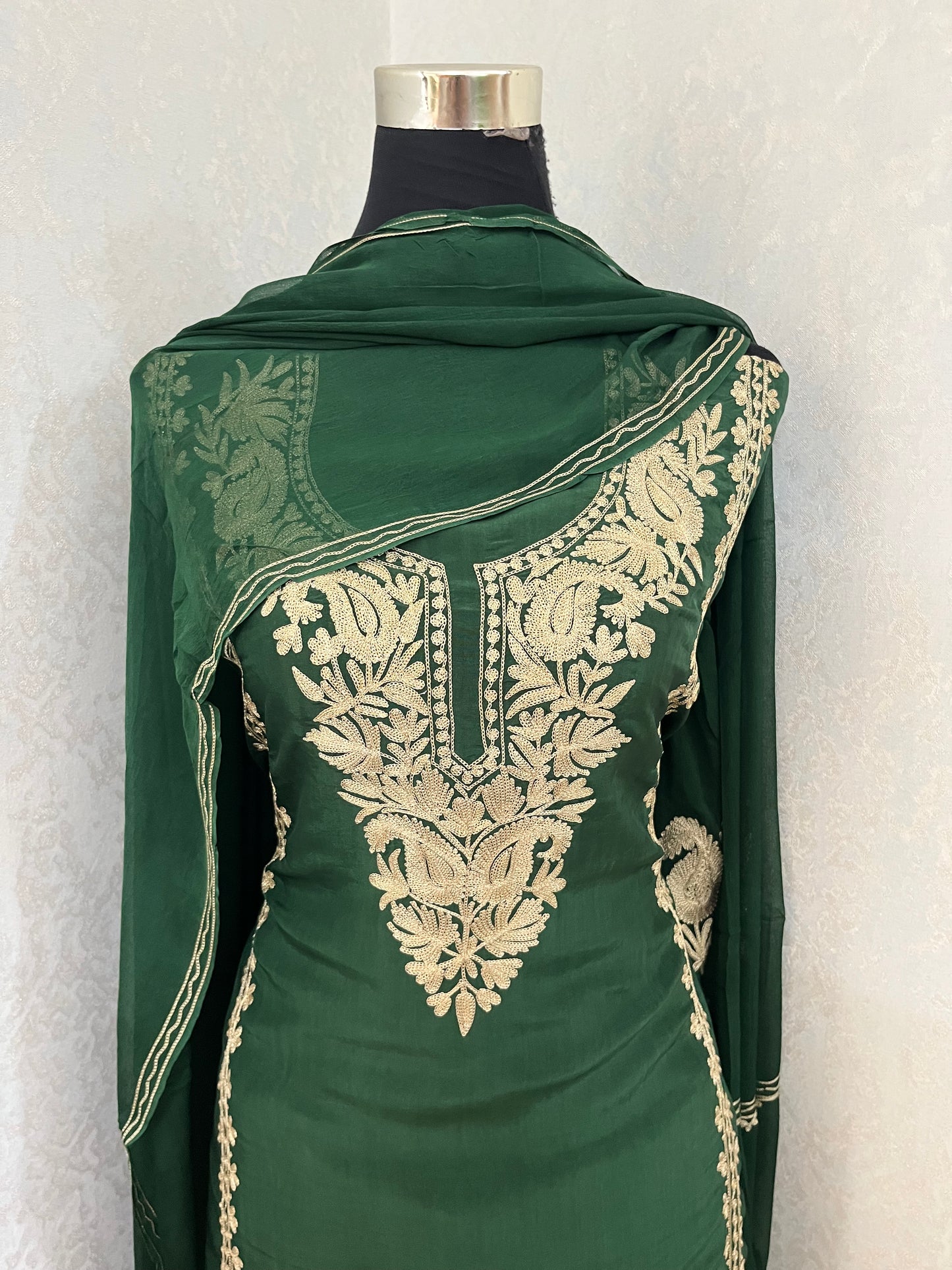 Bottle Green Silk Tilla Kashmiri Suit