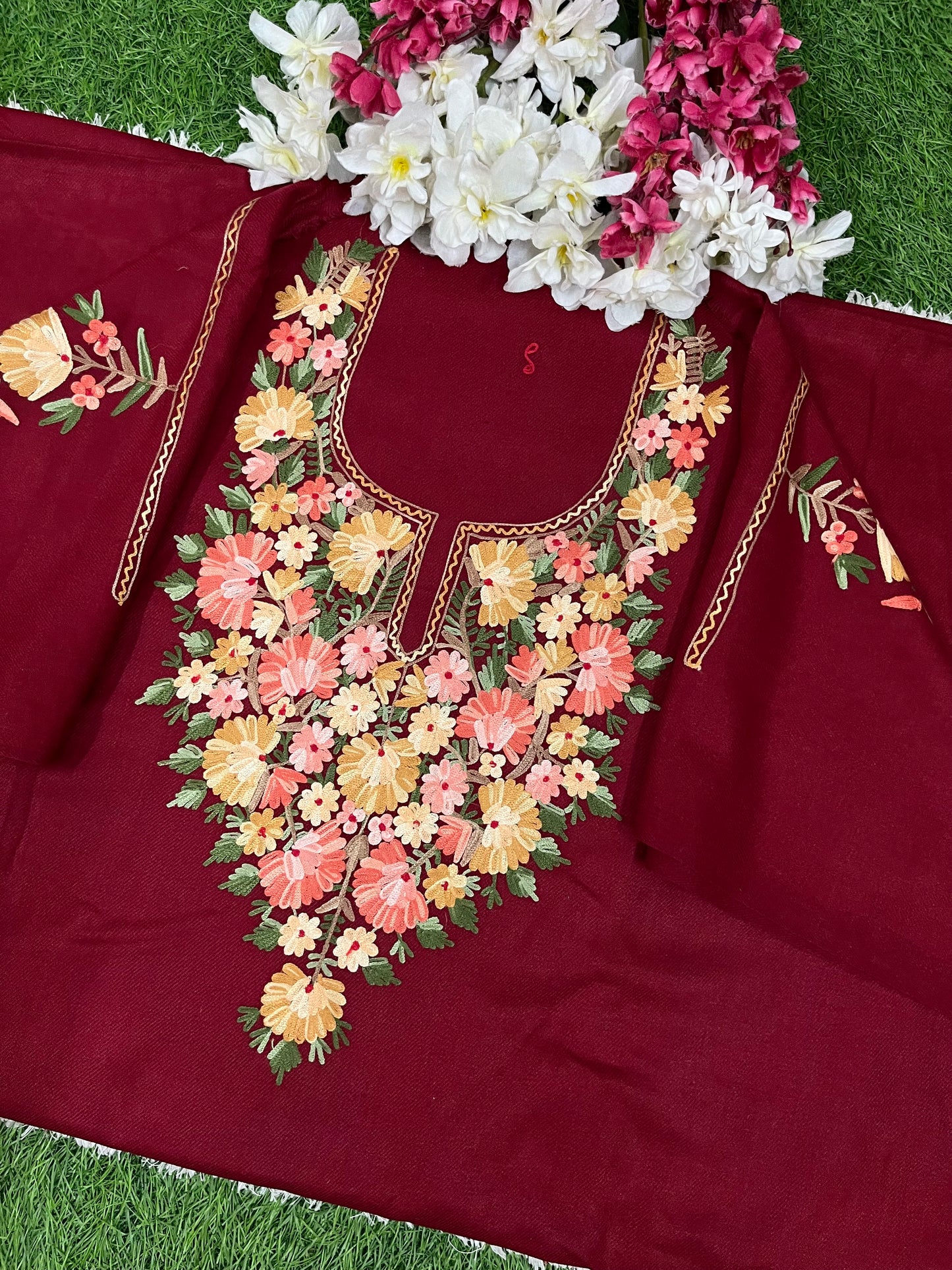 Maroon Woollen Aari Embroidered 2pc suit 5mtr