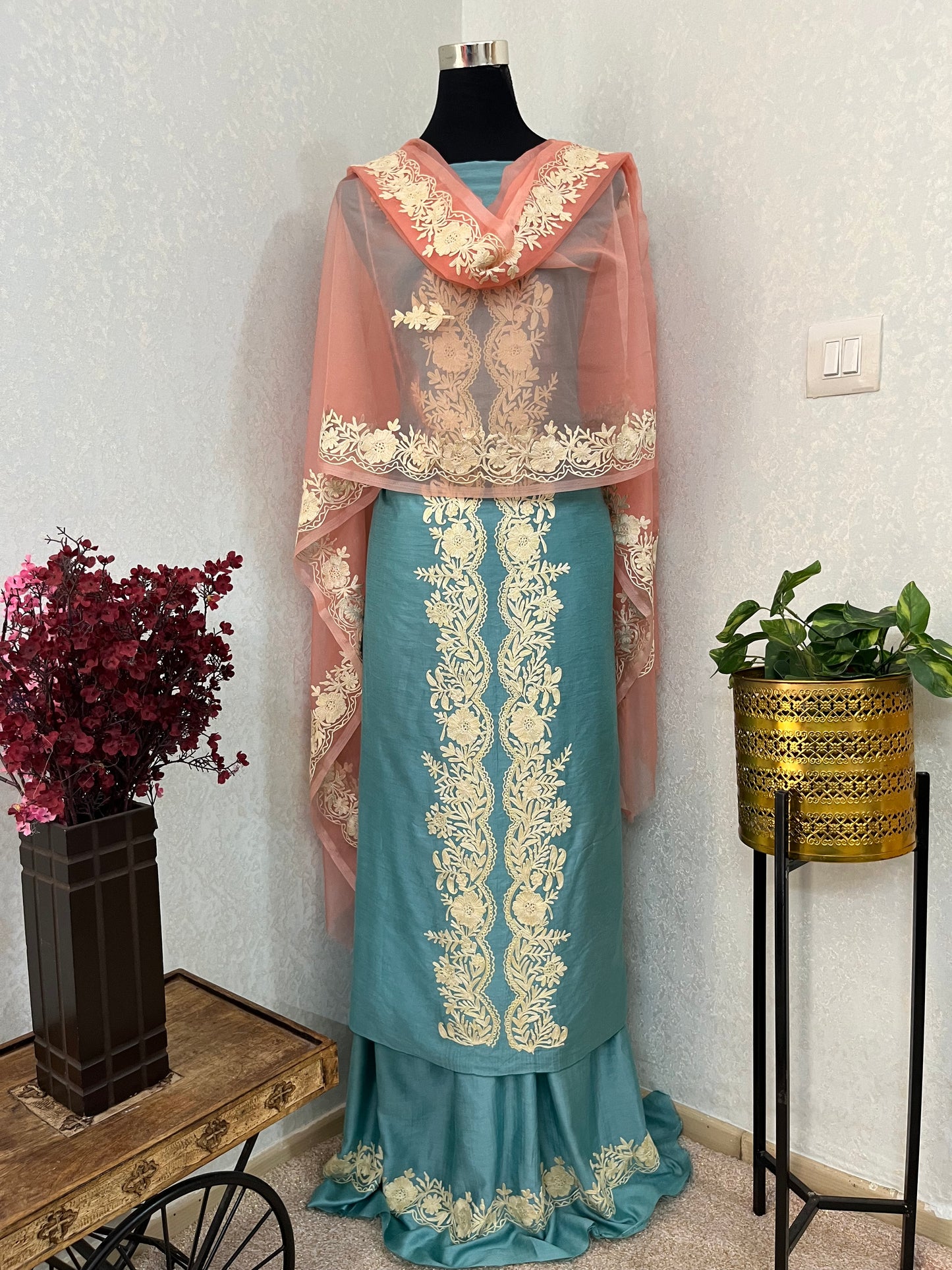 Soft Blue Chanderi Silk Kashmiri Suit