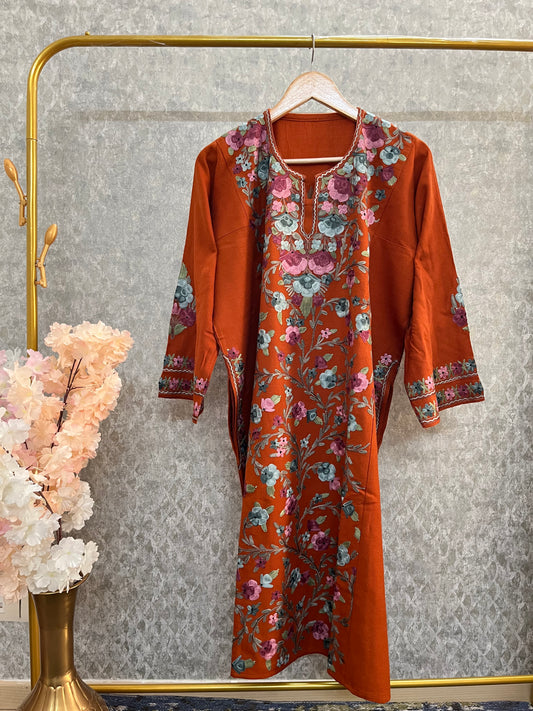 Orange Aari Embroidered Wool Pheran