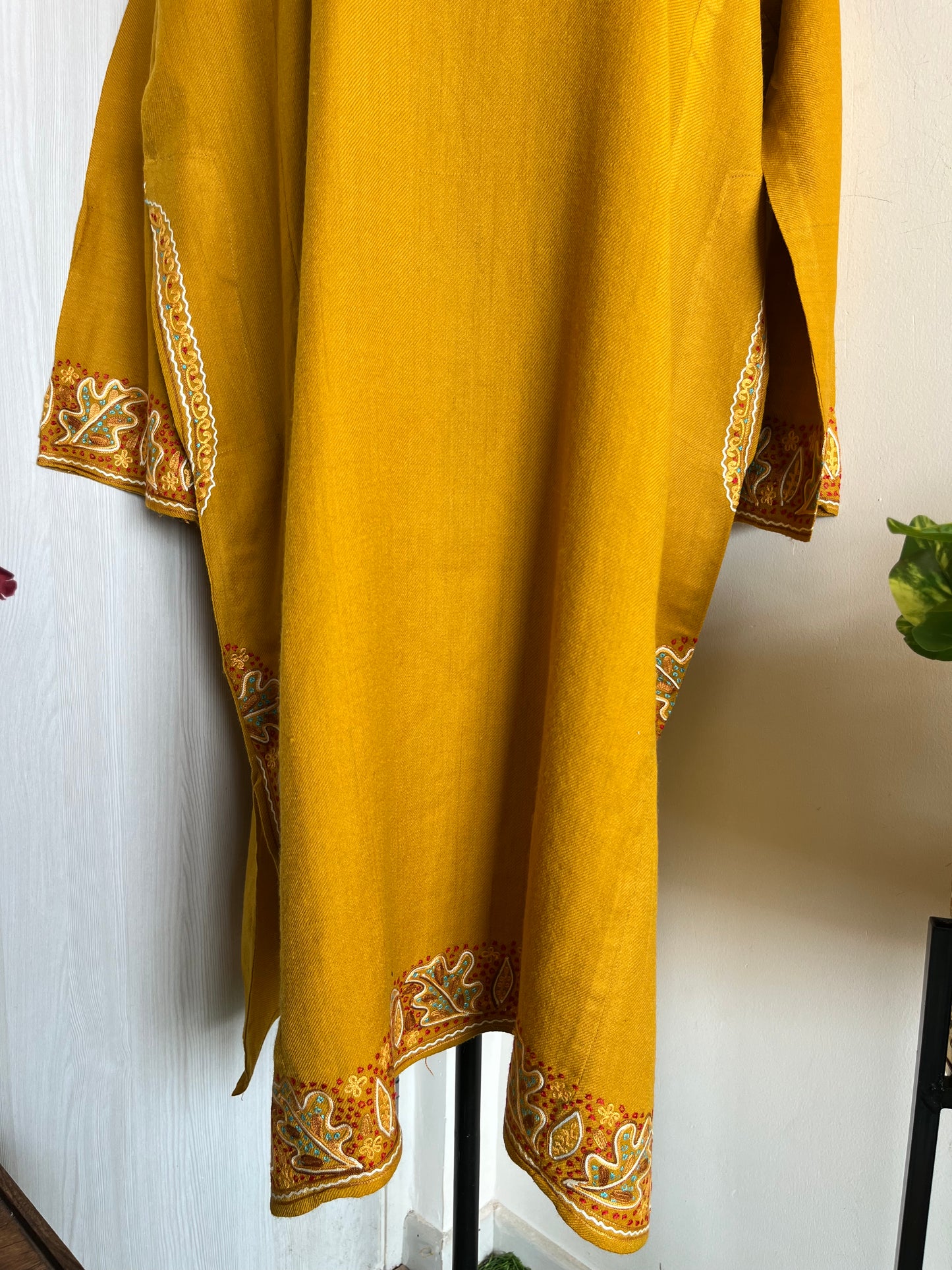 Yellow Aari and Sozni Hand Embroidered Pure Wool Pheran