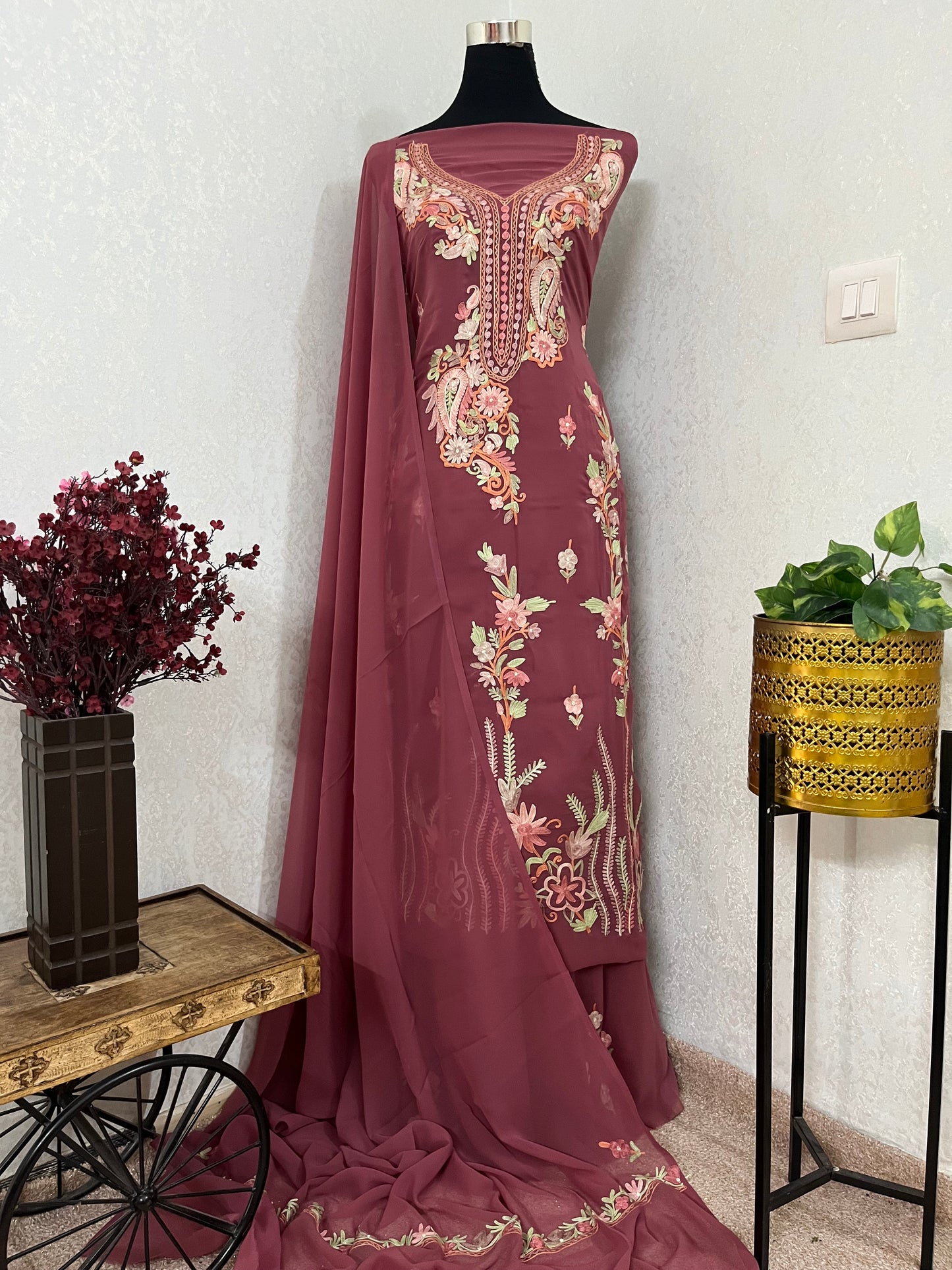 Onion Pink Georgette 3 Pc Kashmiri Suit